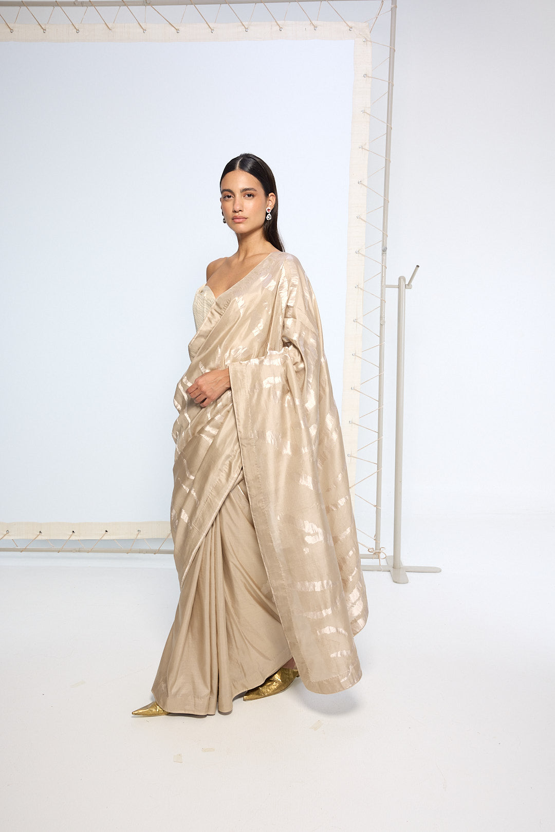 Handwoven Beige Silk Sari