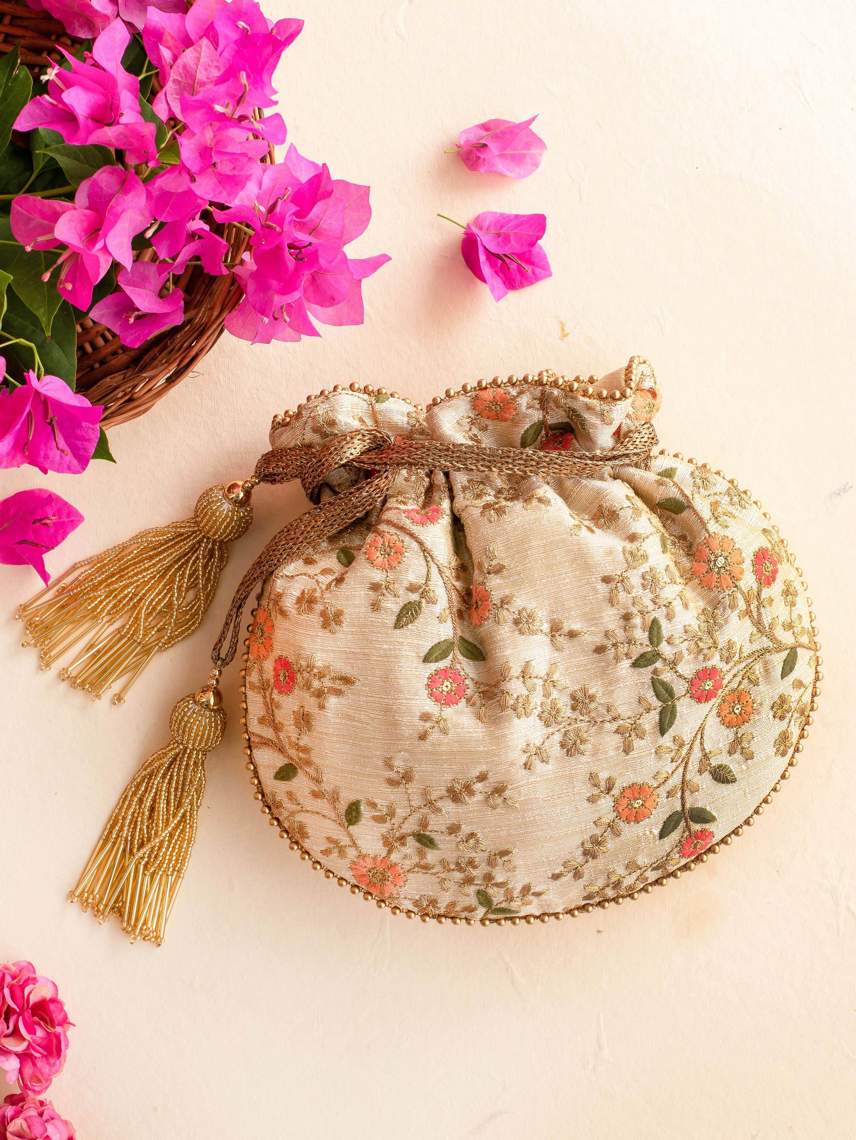 Floral Creeper Cream Potli Bag