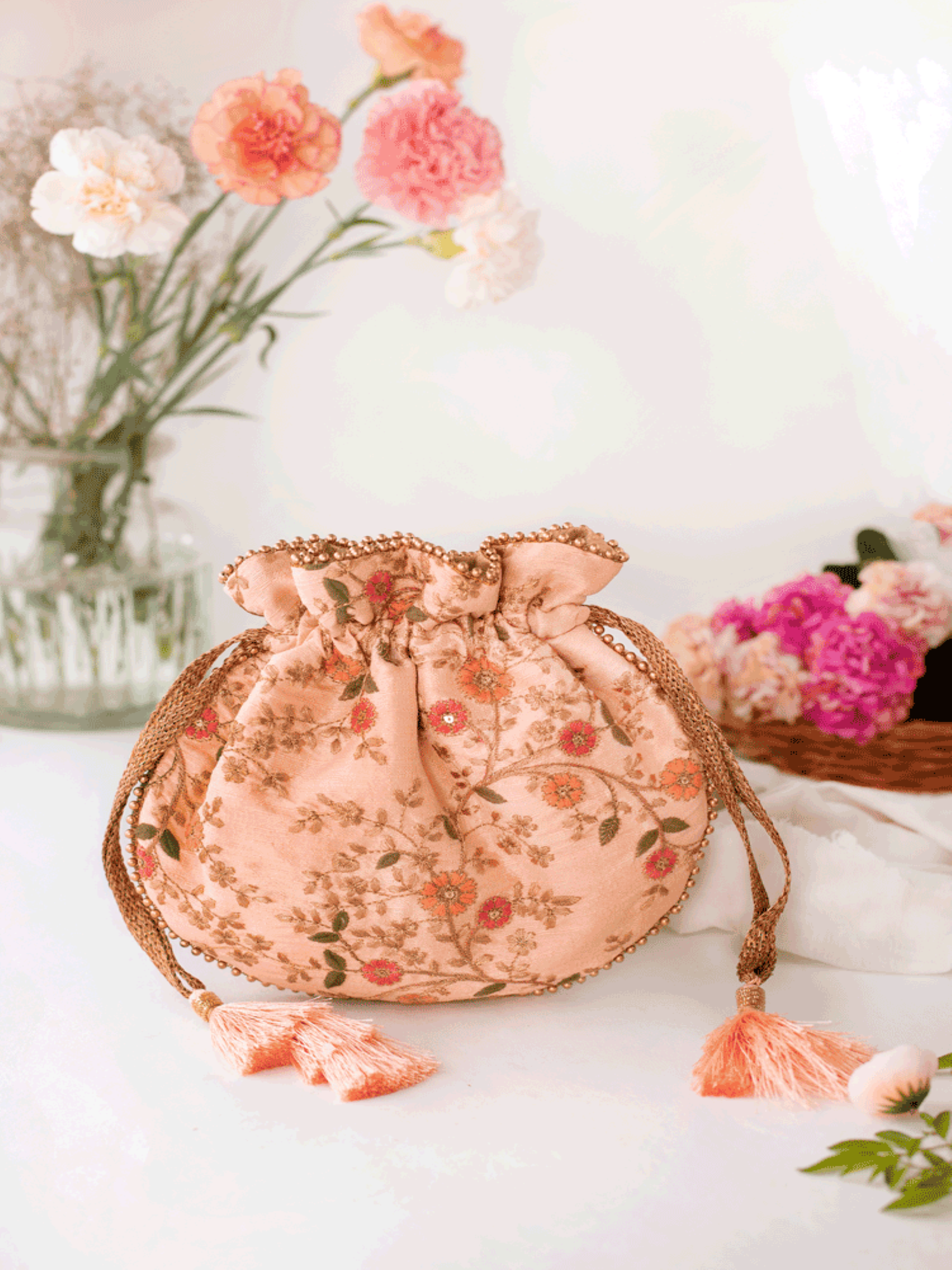 Floral Creeper Potli Bag Peach