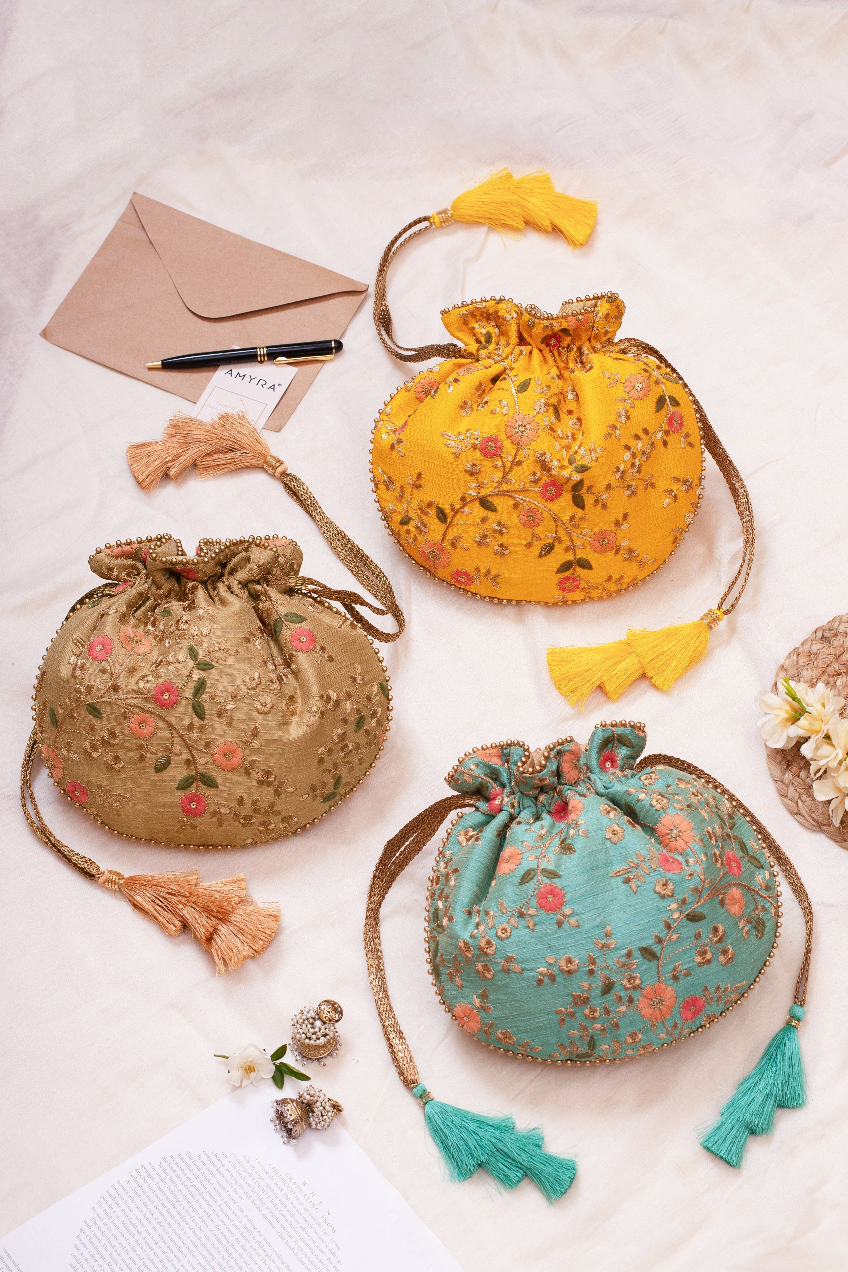 Buy AMYRA Antique Gold Sequin Potli Bag Online