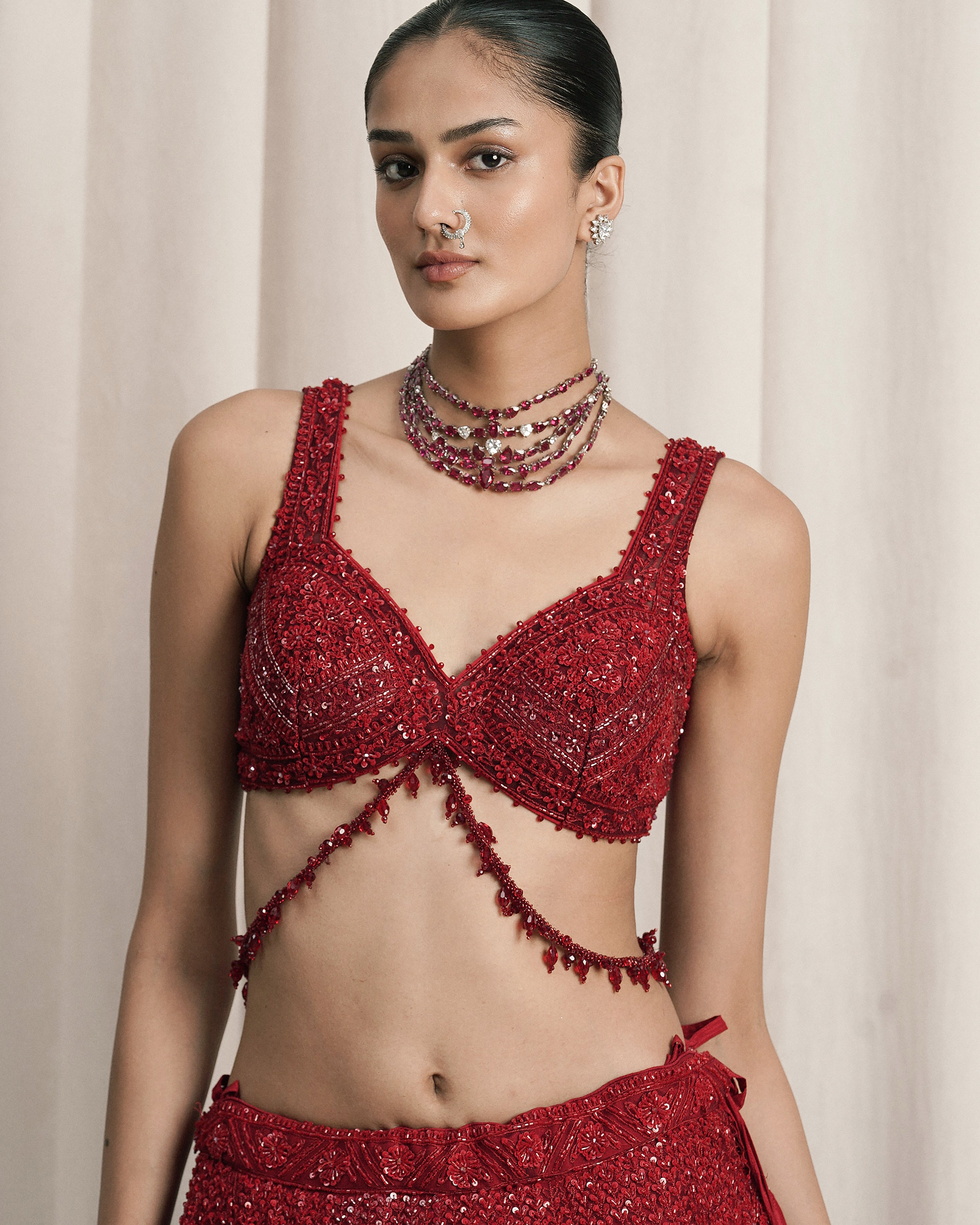 Red Embroidered Net Lehenga With Dupatta