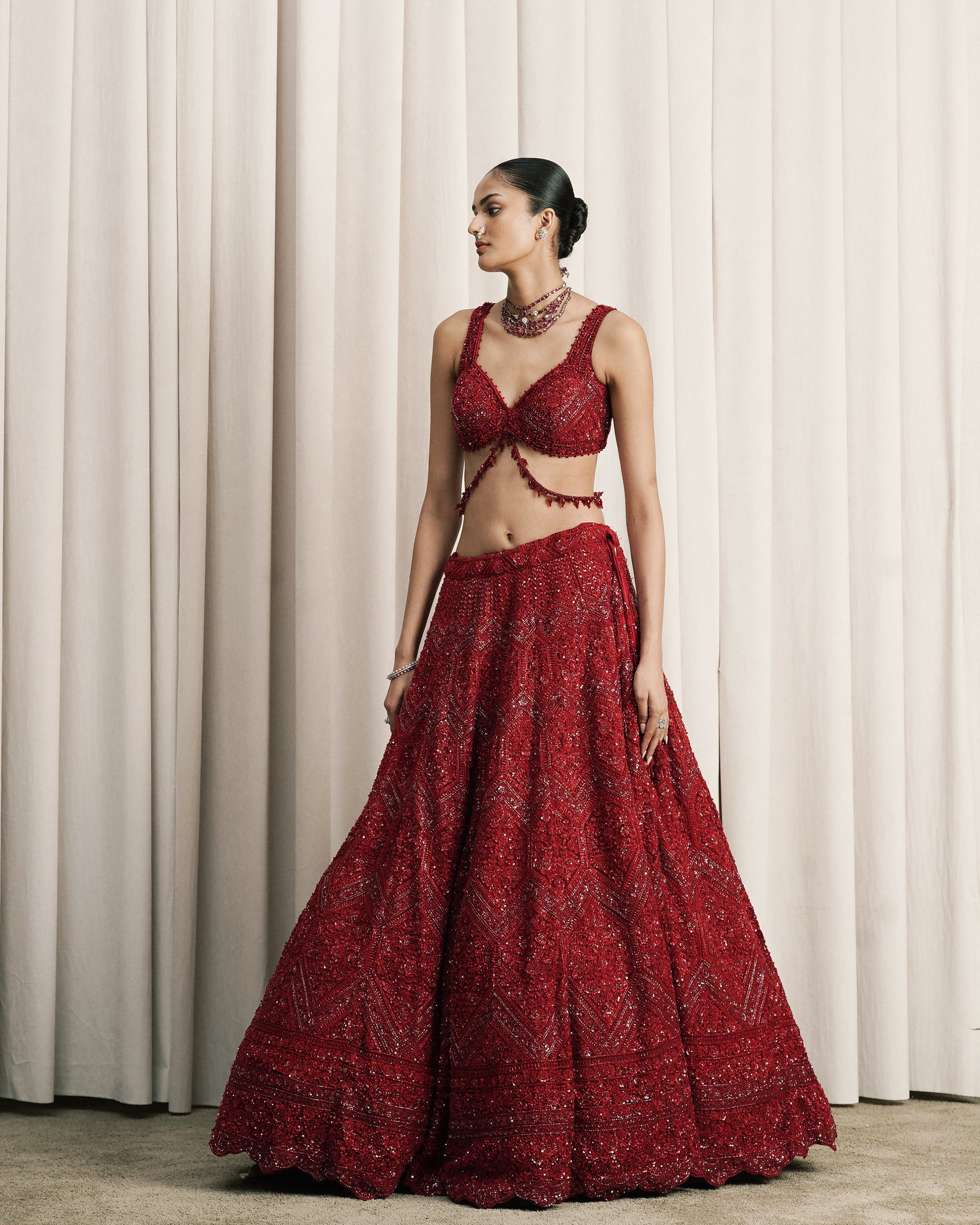 Red Embroidered Net Lehenga With Dupatta