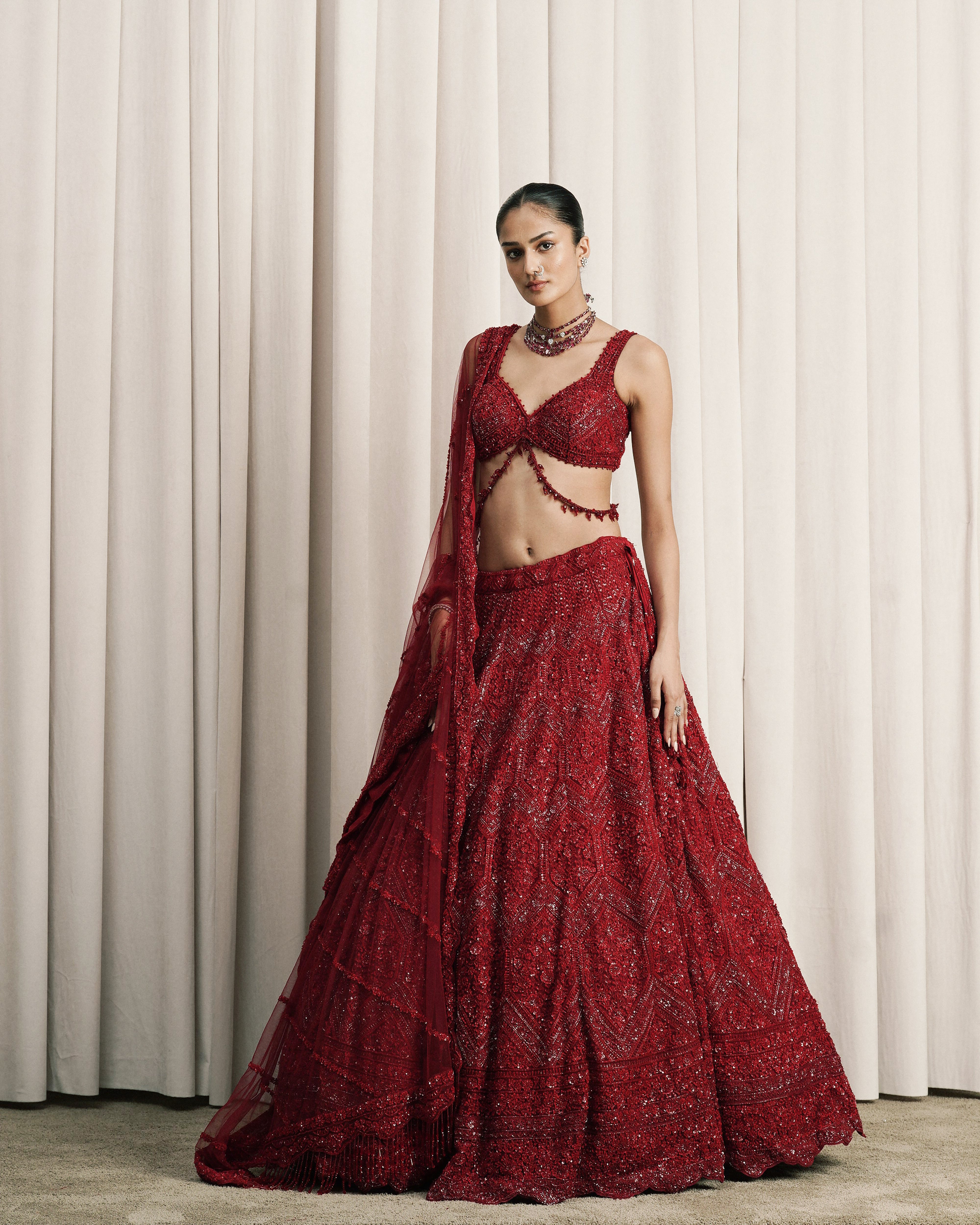 Red Embroidered Net Lehenga With Dupatta