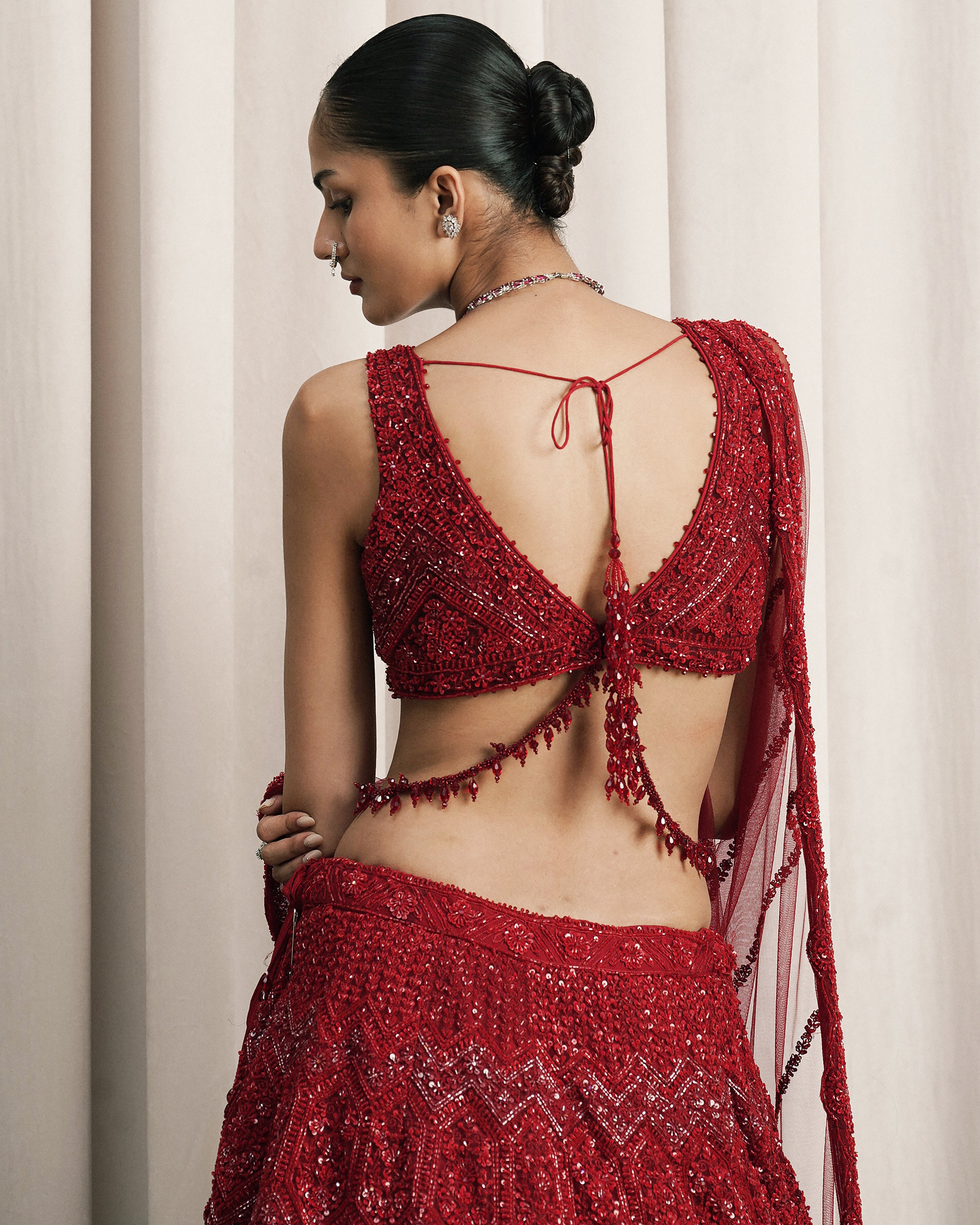 Red Embroidered Net Lehenga With Dupatta