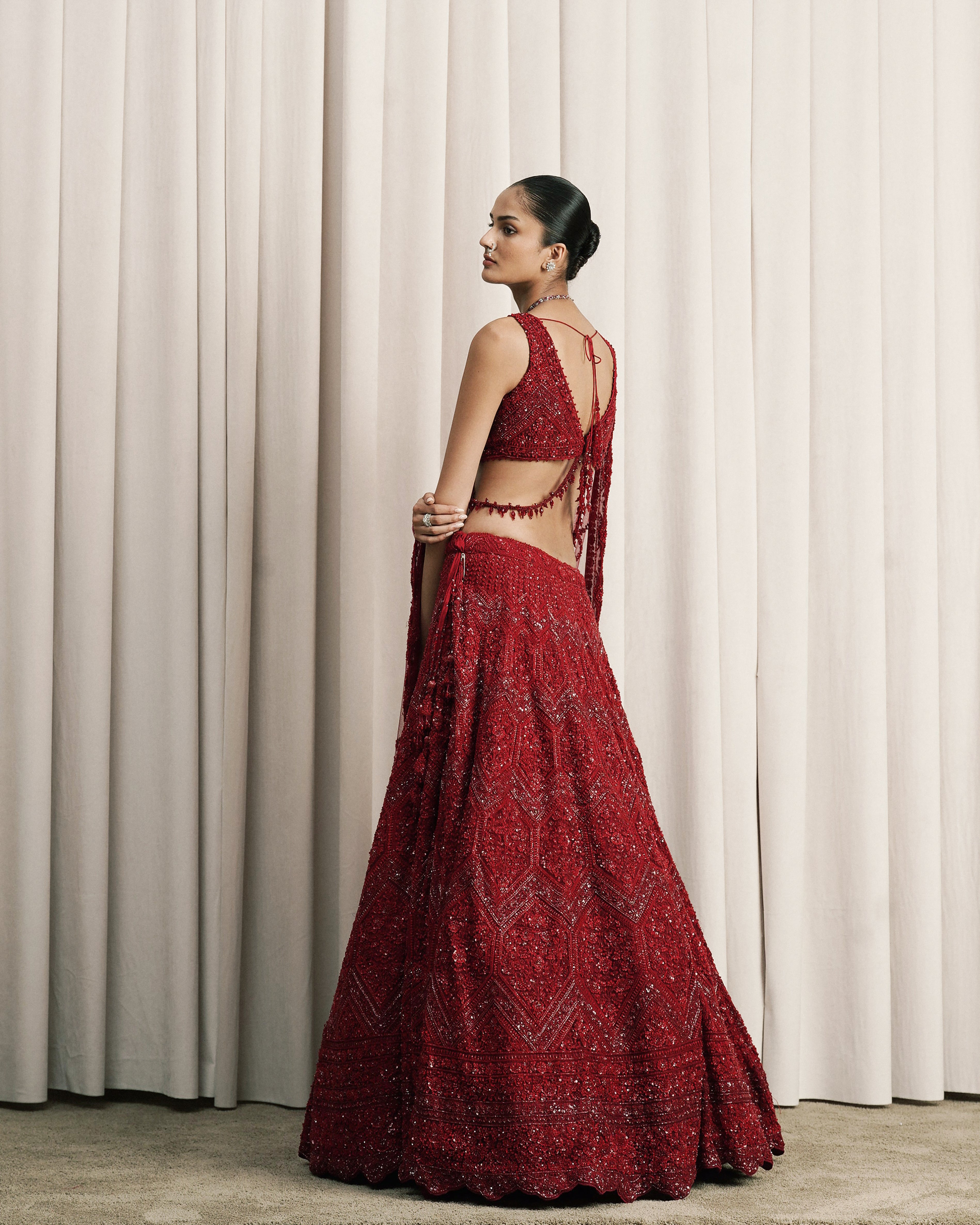 Red Embroidered Net Lehenga With Dupatta