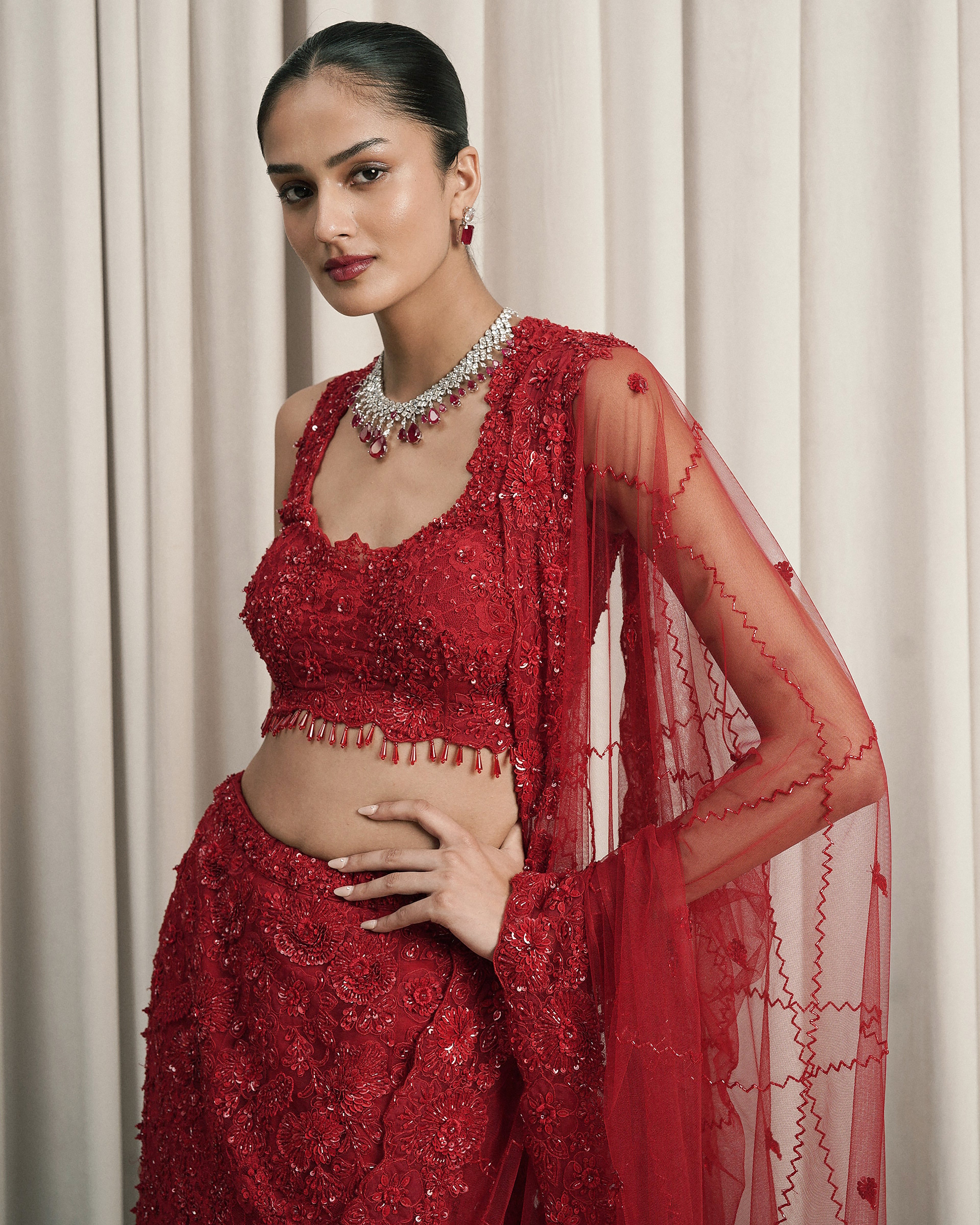 Red Fish-cut Embroidered Lehenga With Dupatta