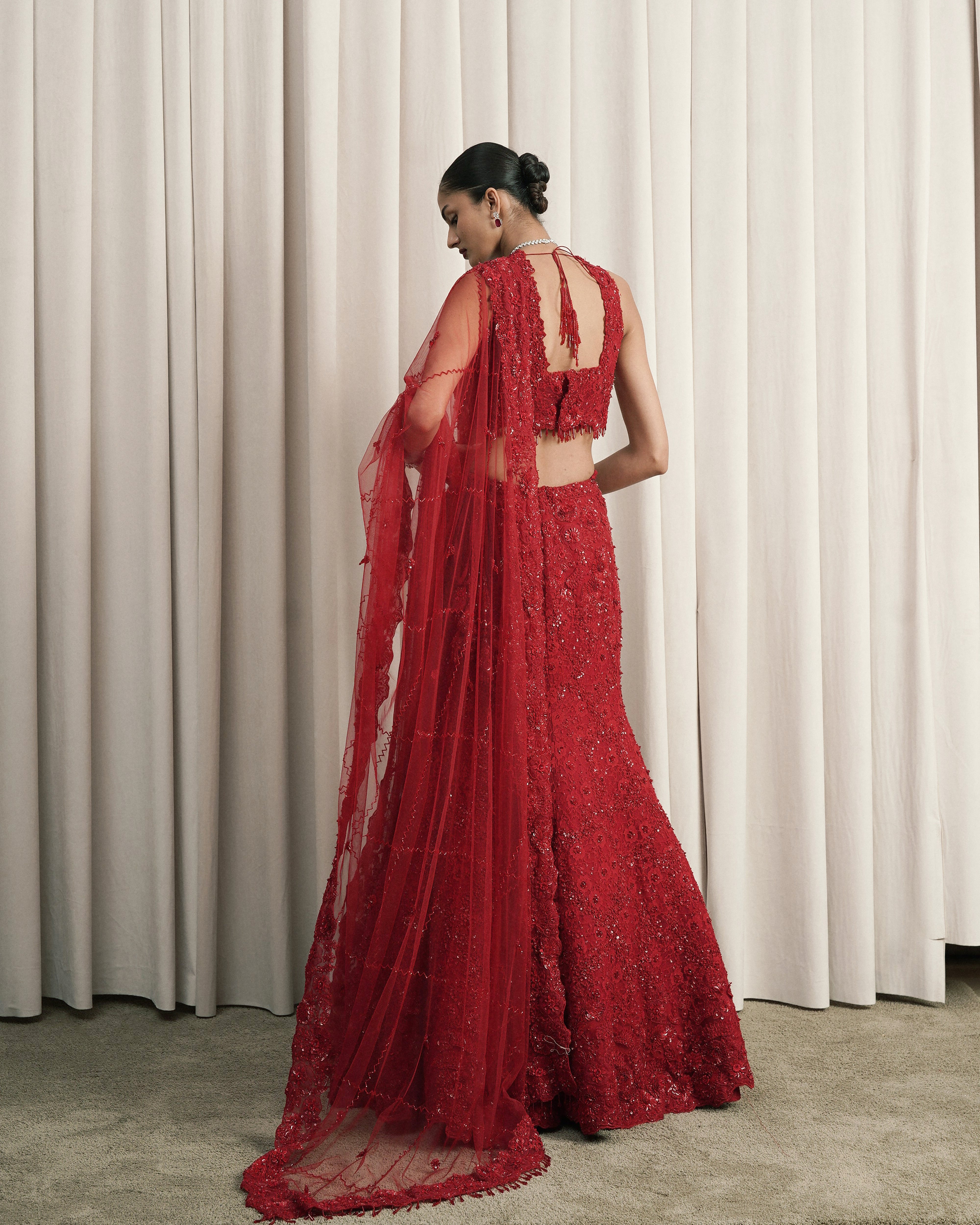 Red Fish-cut Embroidered Lehenga With Dupatta