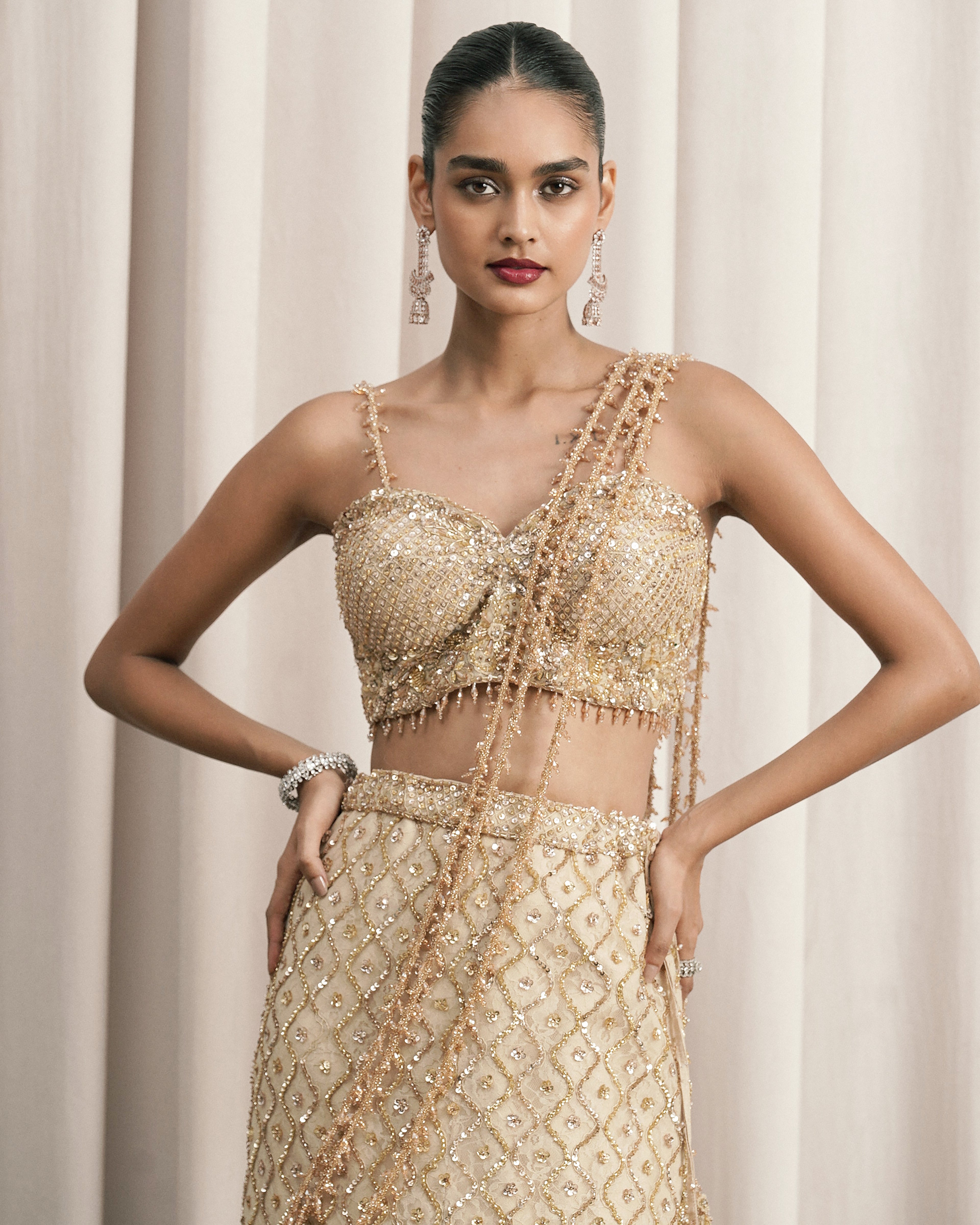 Beige Fish-cut Embroidered Lehenga With Blouse