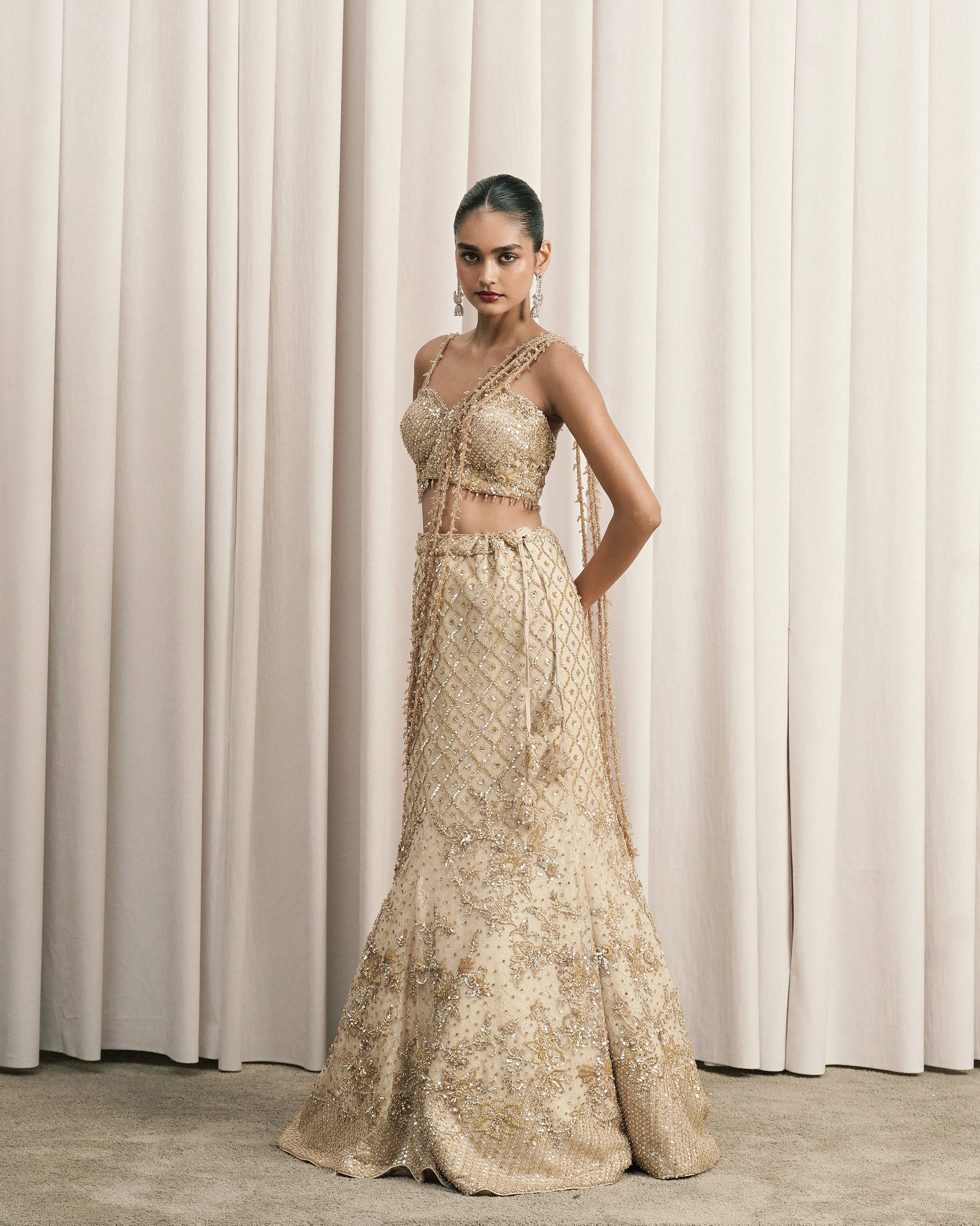 Beige Fish-cut Embroidered Lehenga With Blouse