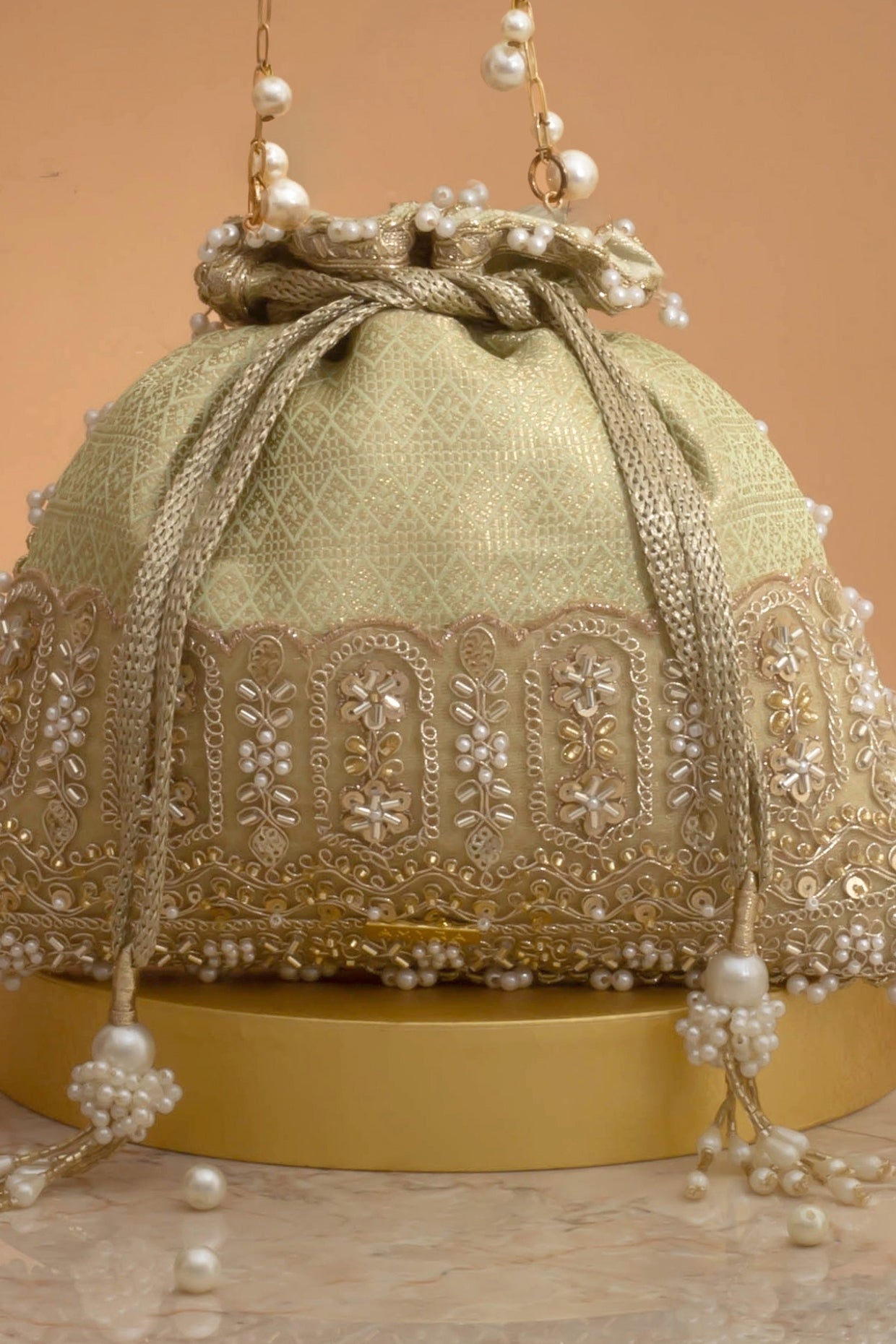 Geet Brocade Embellished Potli - Mint