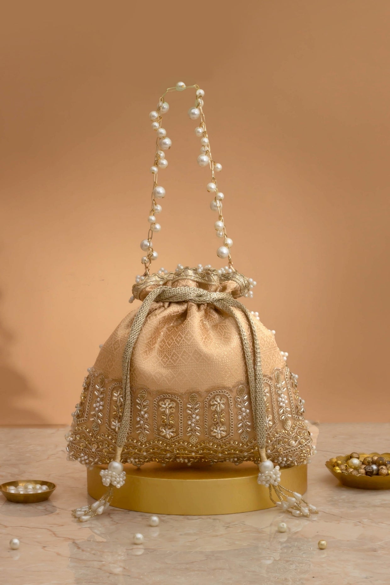 Geet Brocade Embellished Potli - Peach