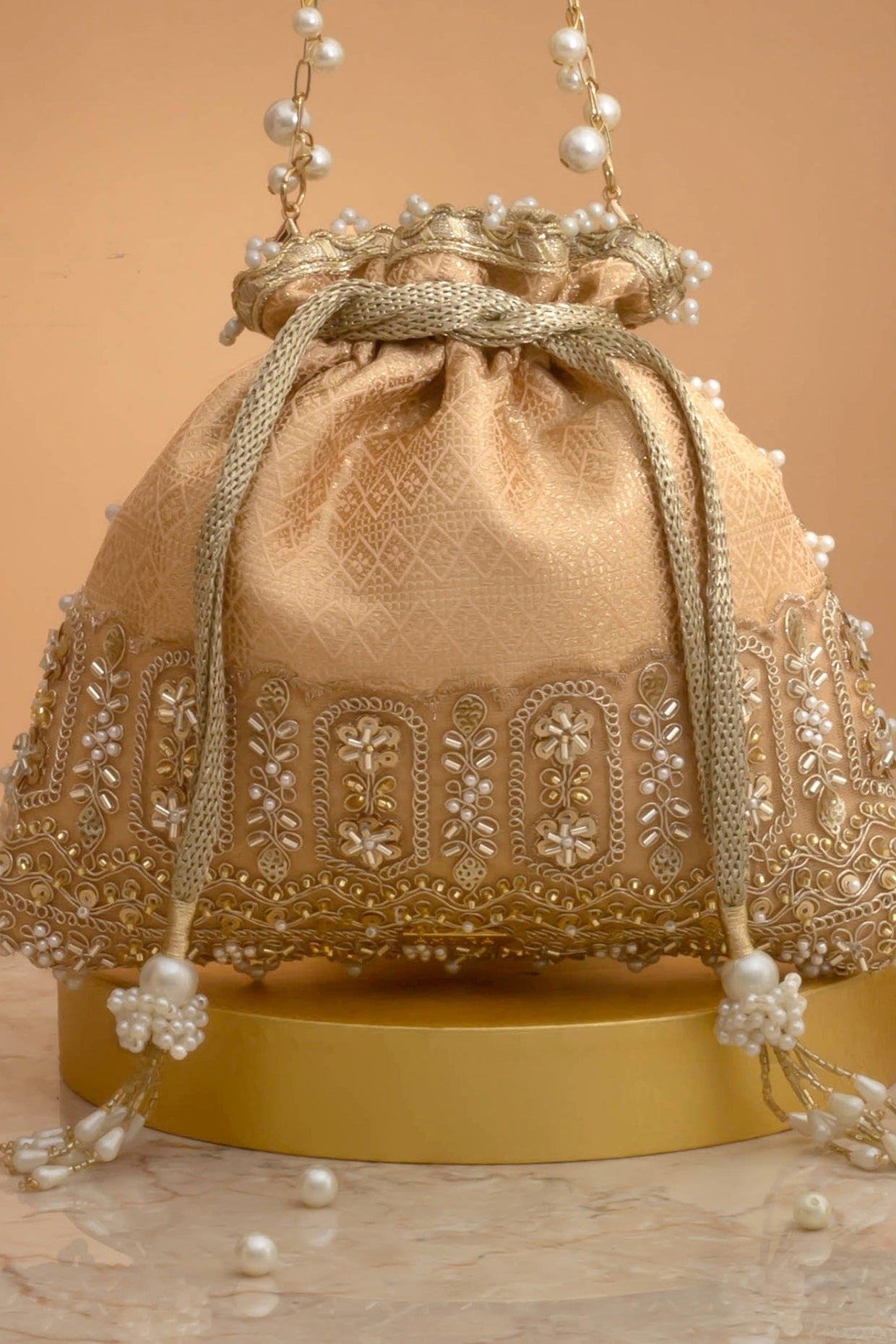 Geet Brocade Embellished Potli - Peach