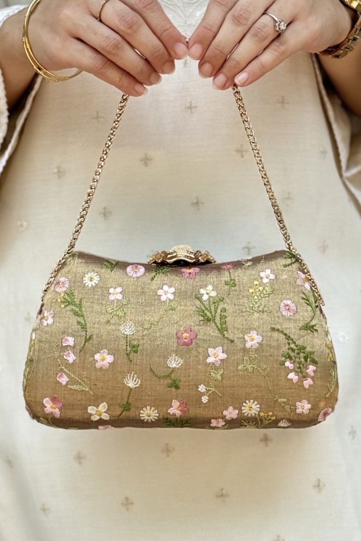 Grace Embroidered Curve Clutch - Brown