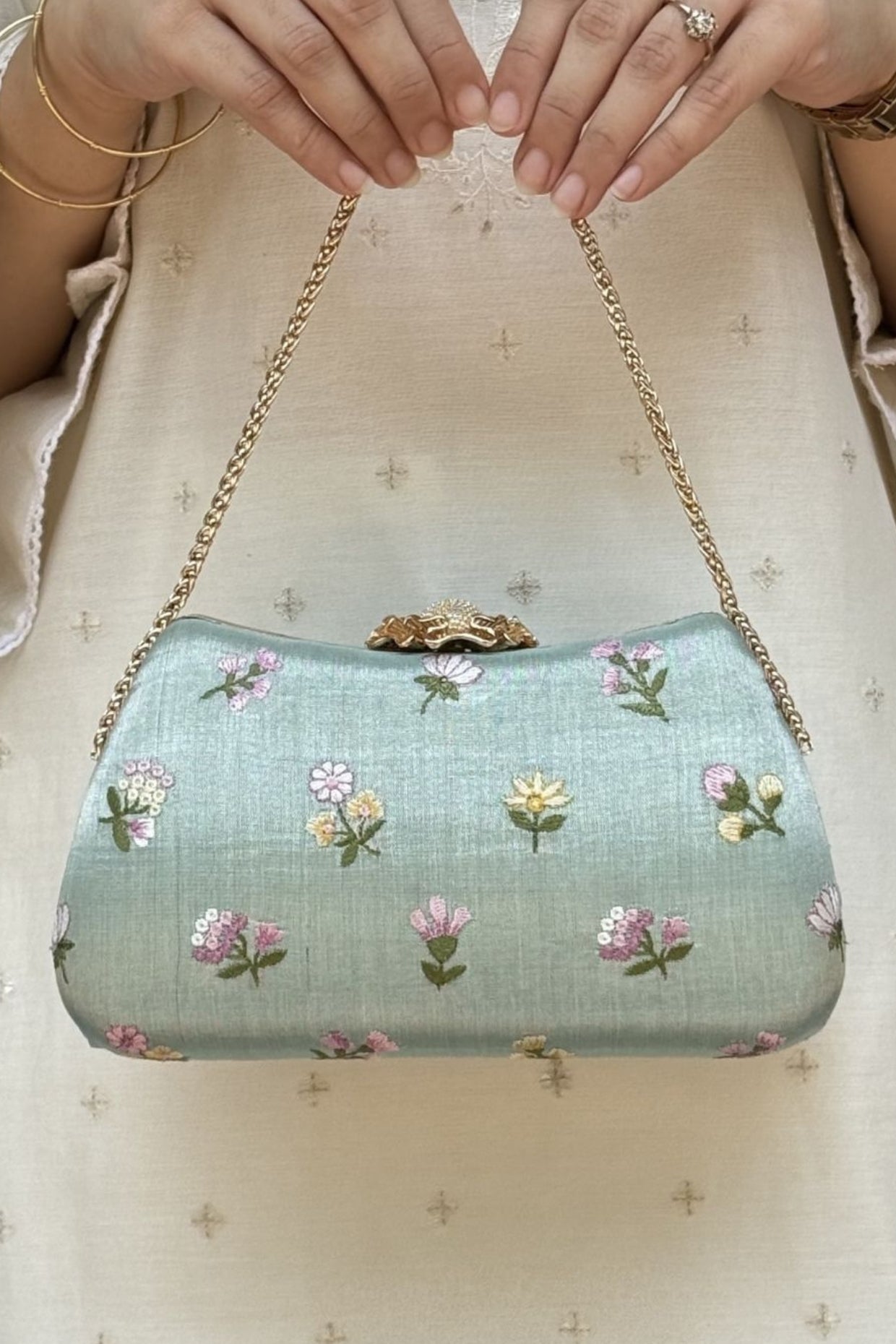 Grace Embroidered Curve Clutch - Sea Green