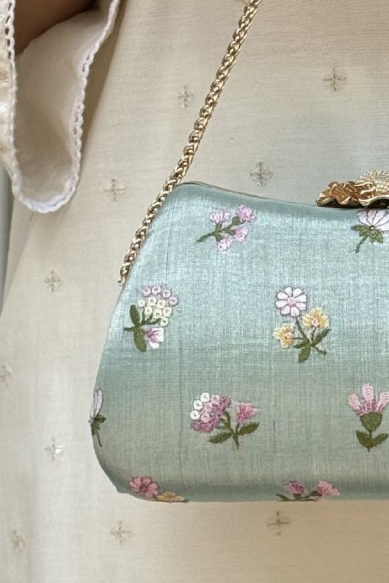 Grace Embroidered Curve Clutch - Sea Green