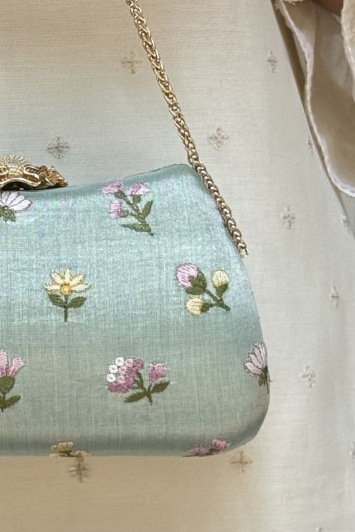 Grace Embroidered Curve Clutch - Sea Green