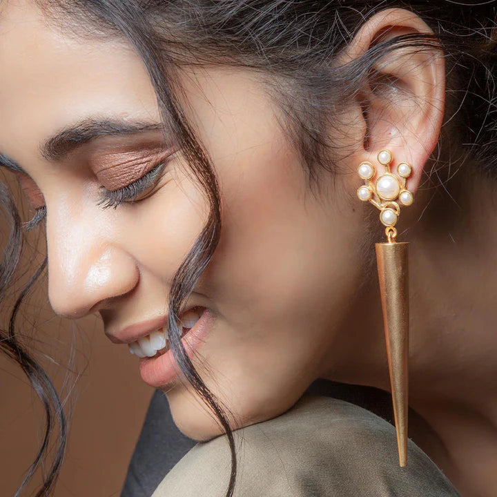 Gold Plated Cluster Pearls And Cone Earring Wore