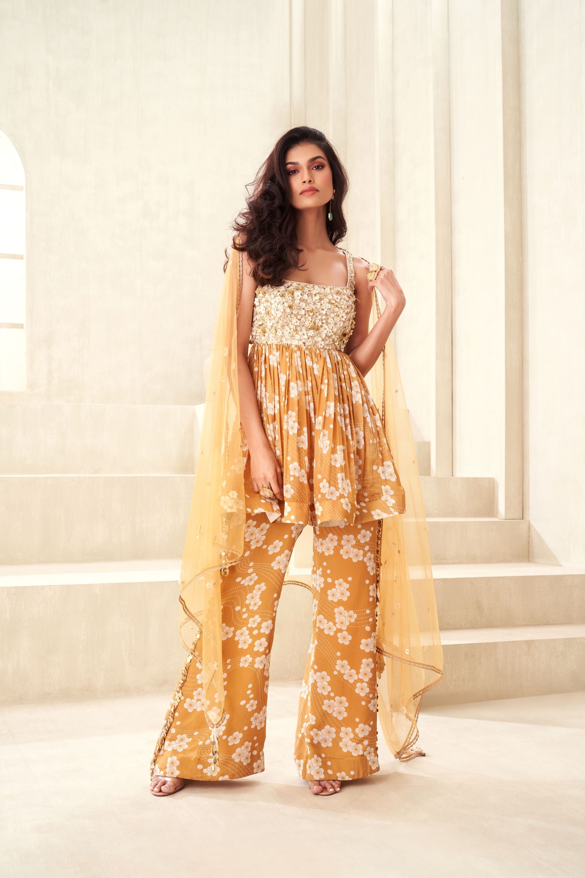 Gold Printed Pant With Yoke Embroidered Peplum Top