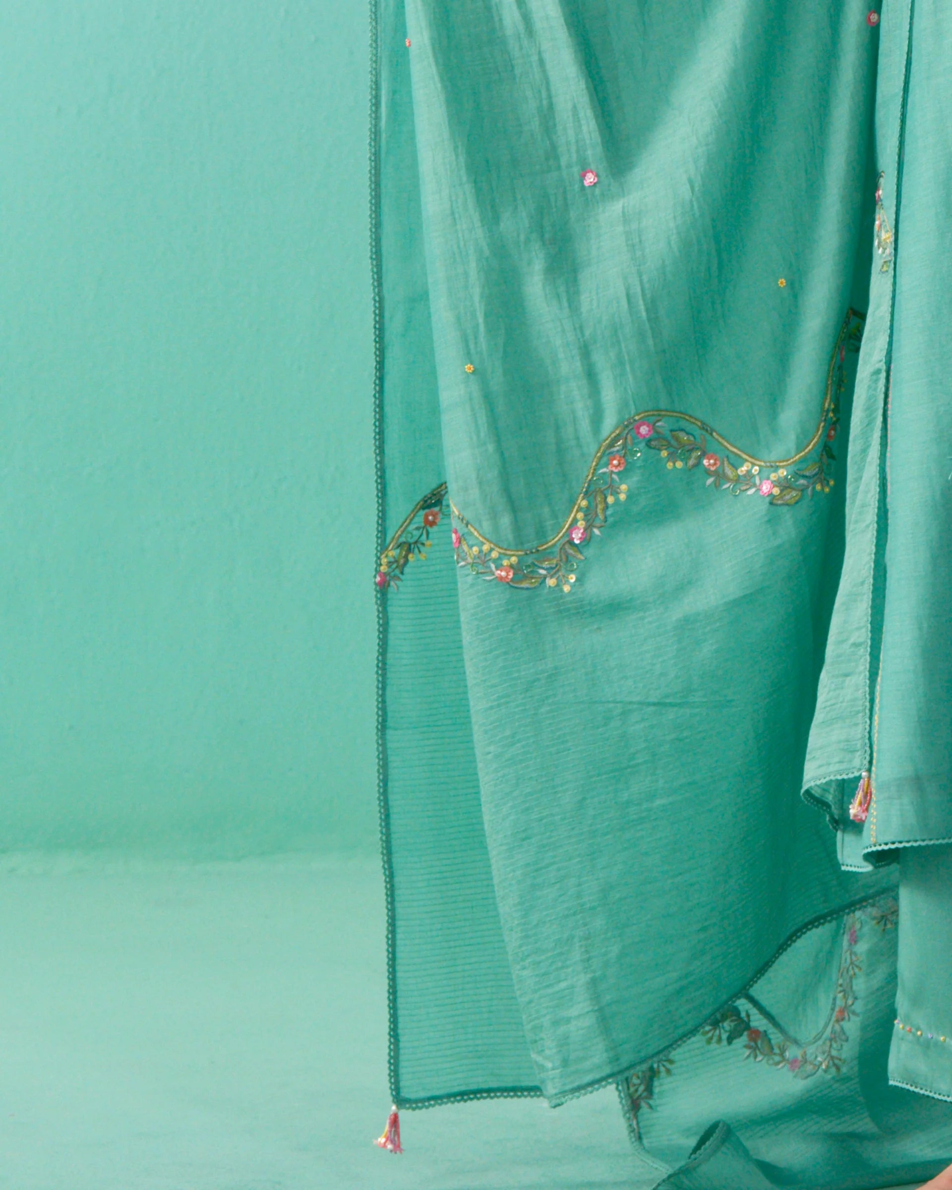 Firdaus Matcha Green Mul Chanderi Dupatta