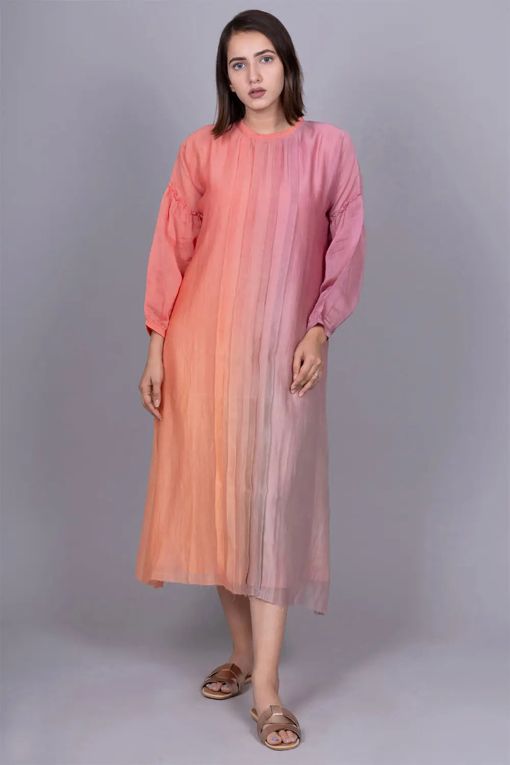 Ombre pleated Chanderi dress with Slip 2 pc