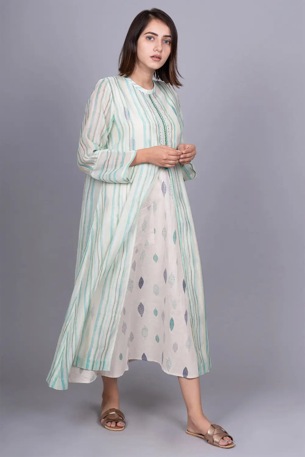 Chanderi silk mirror work Dress with block printed inner dress