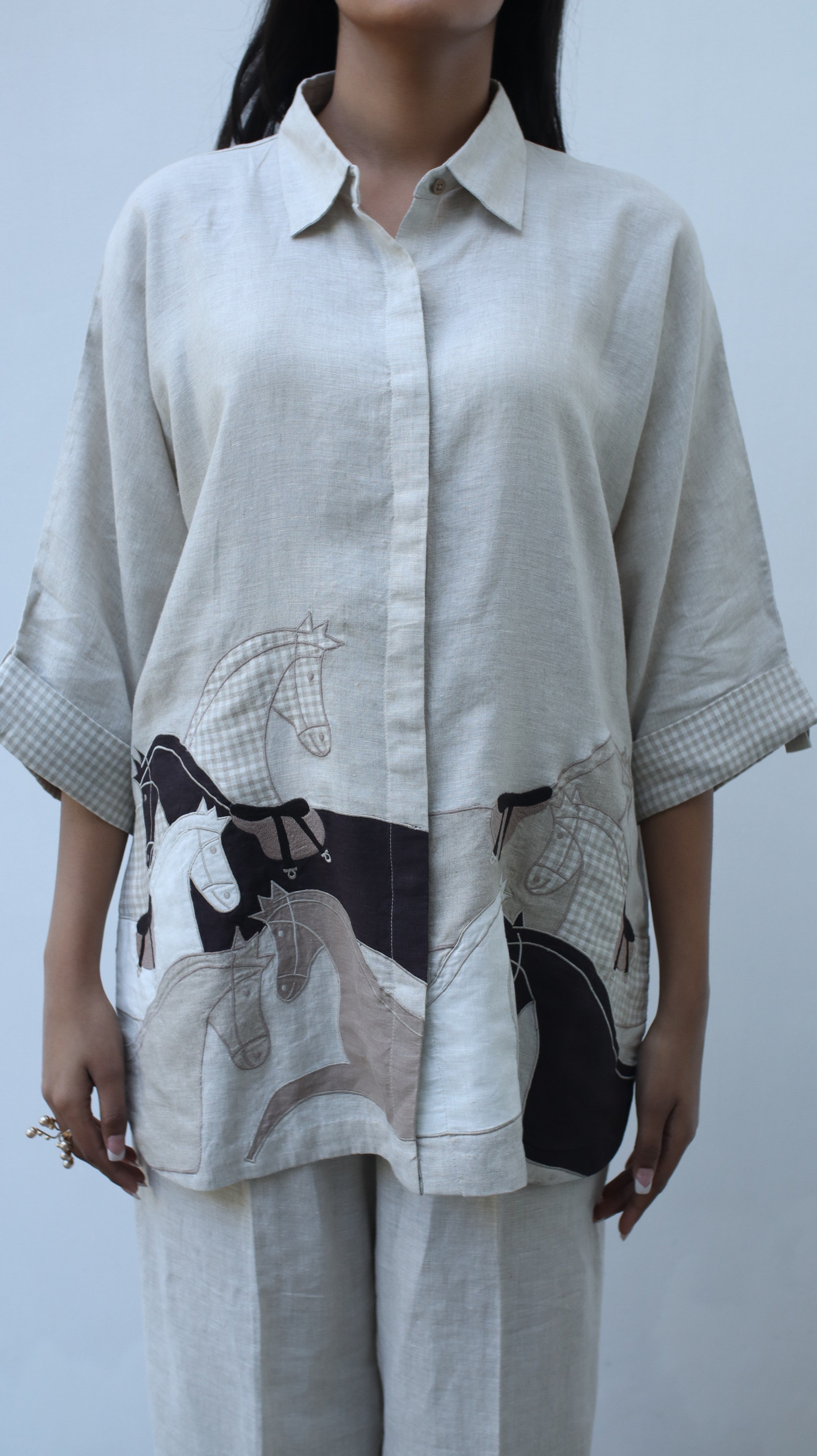 Beige Horse Embroidered Shirt