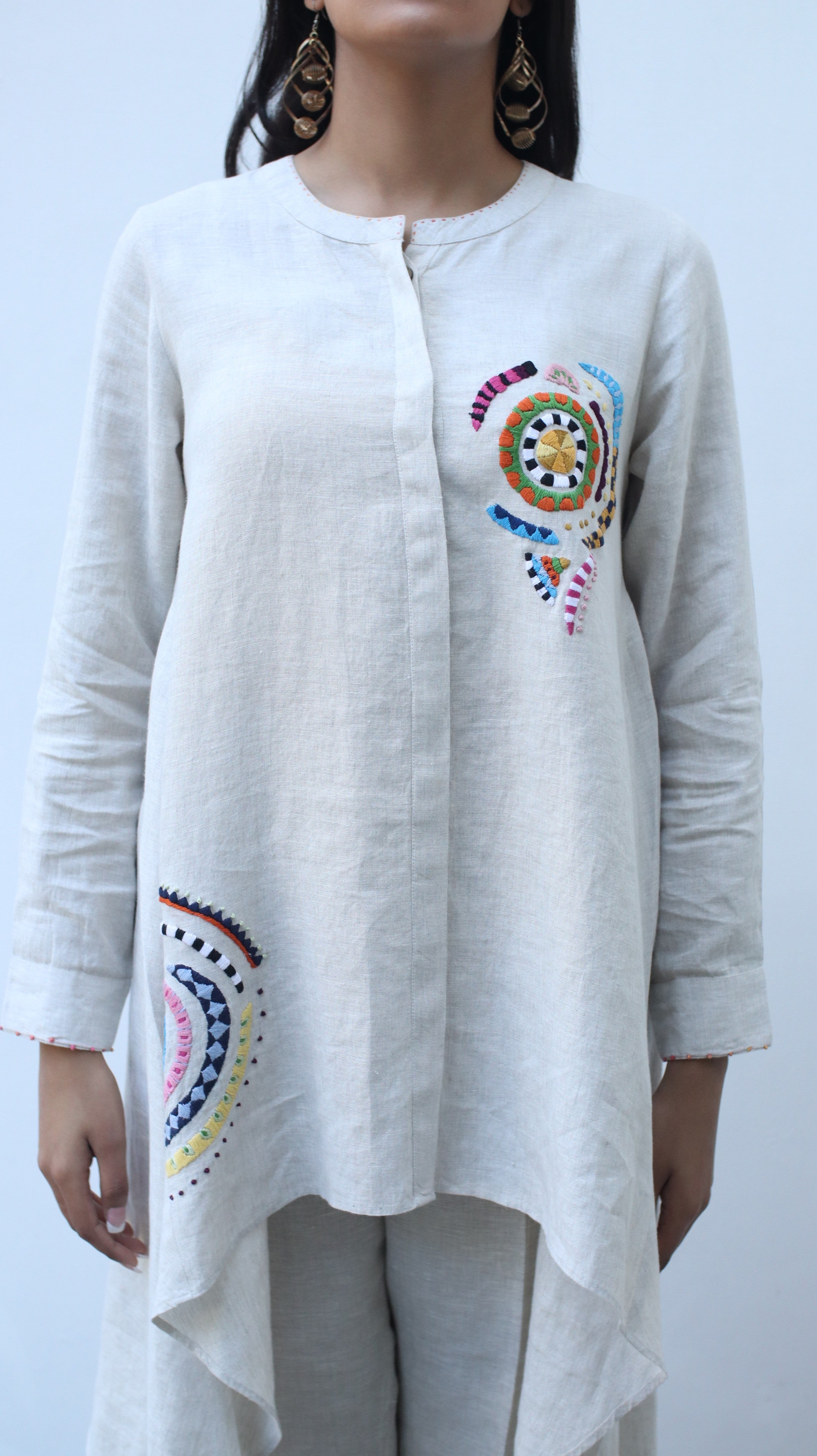 Beige High Low Floral Embroidered Tunic