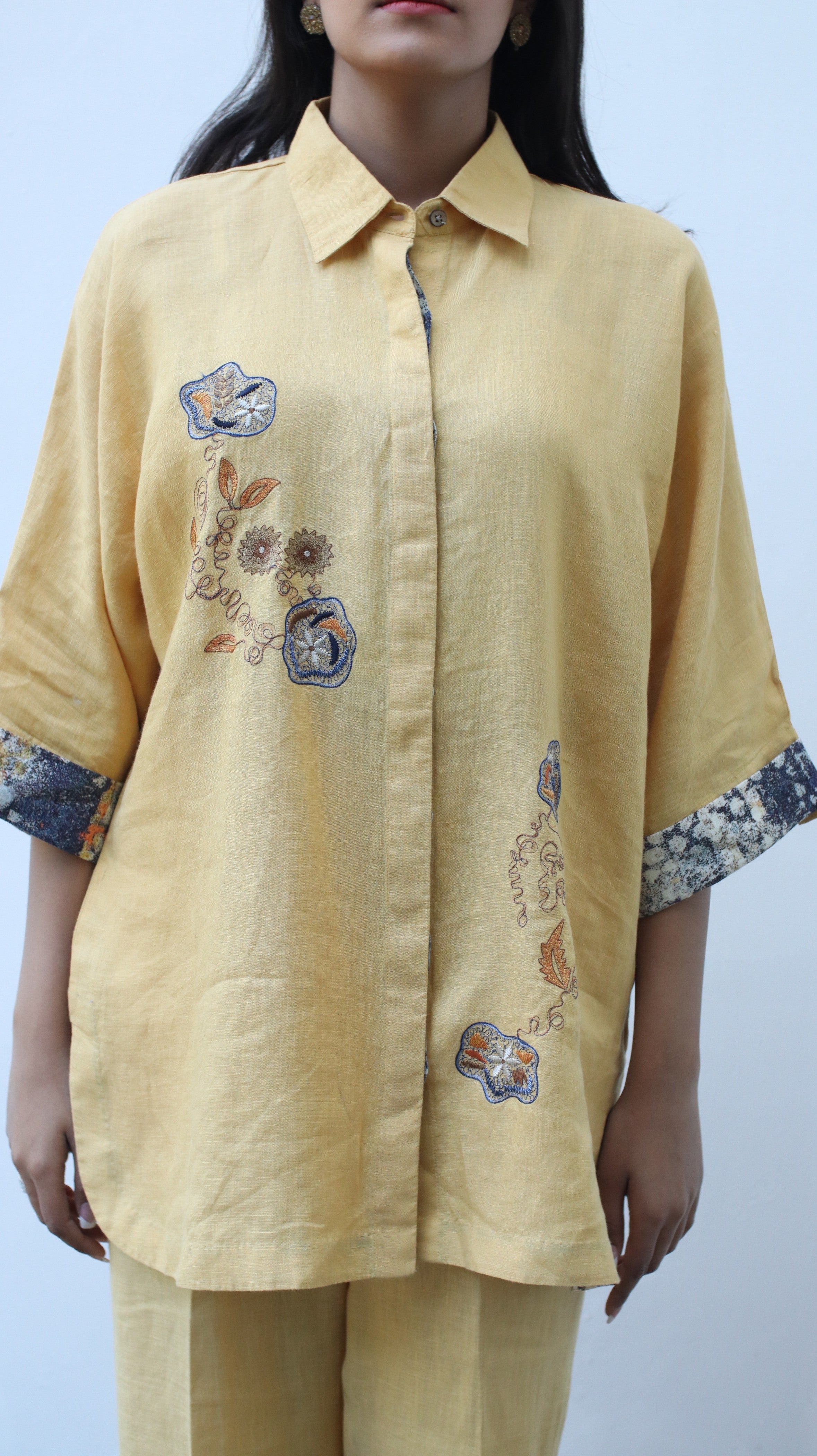 Ochre Floral Embroidered Shirt