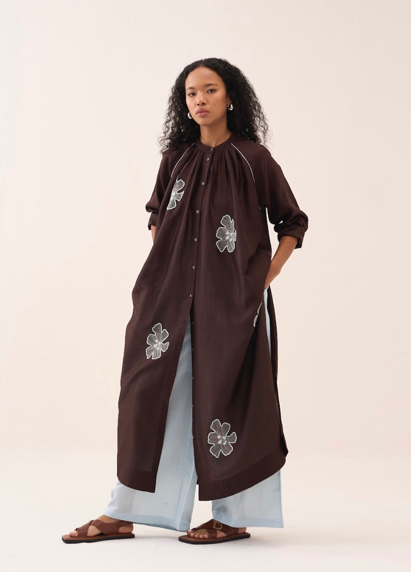 Floral Emb. Gather Neck Shirt Co-ord (set Of 2)