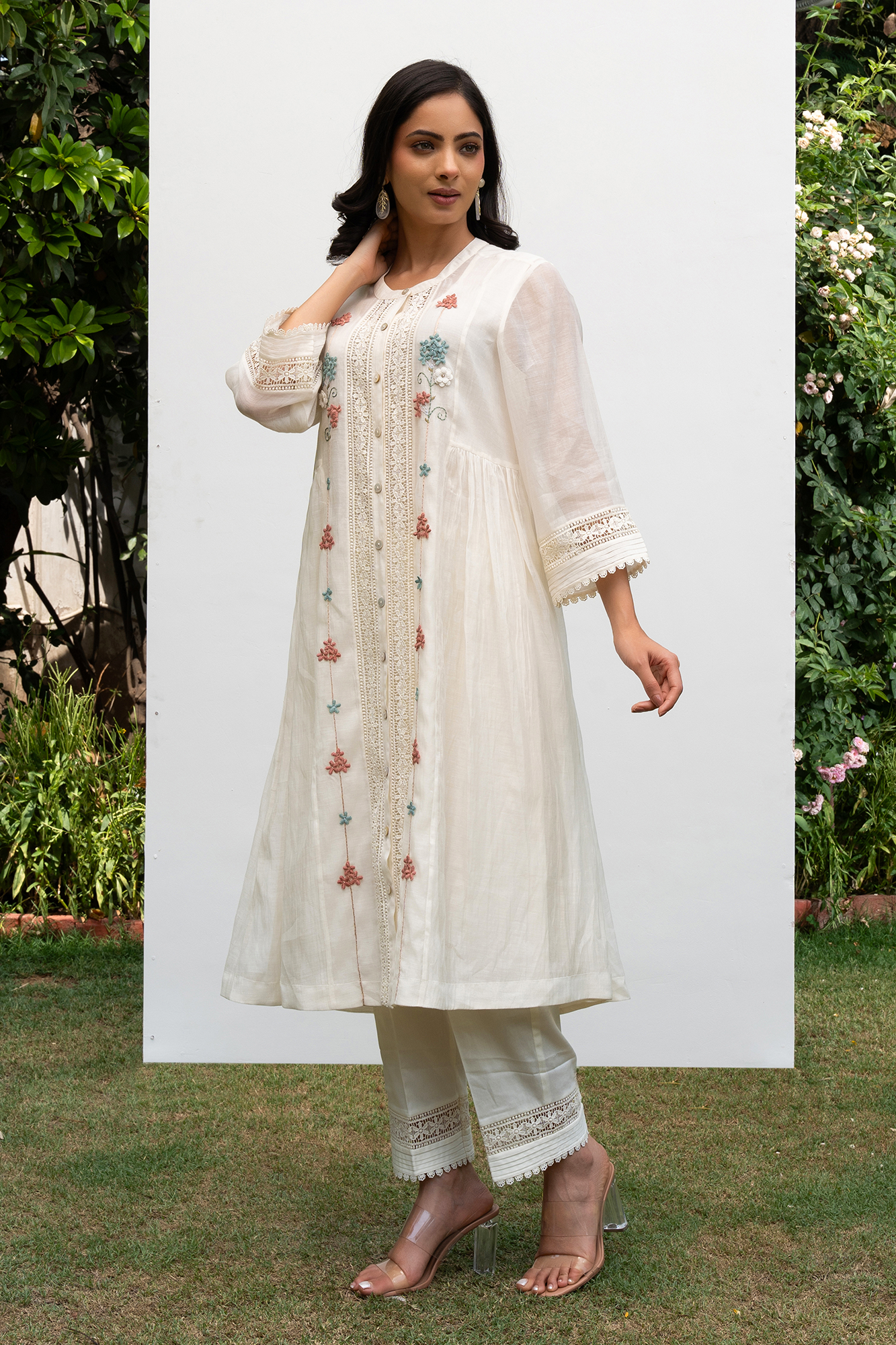 Off White Button Down Side Gathered Chanderi Kurta Set