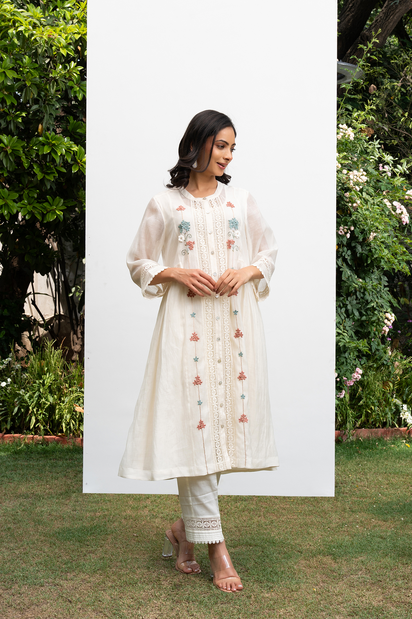 Off White Button Down Side Gathered Chanderi Kurta Set