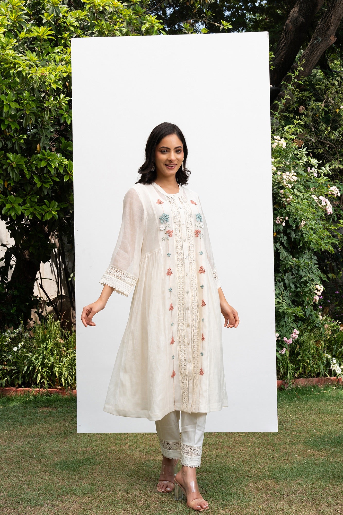 Off White Button Down Side Gathered Chanderi Kurta Set