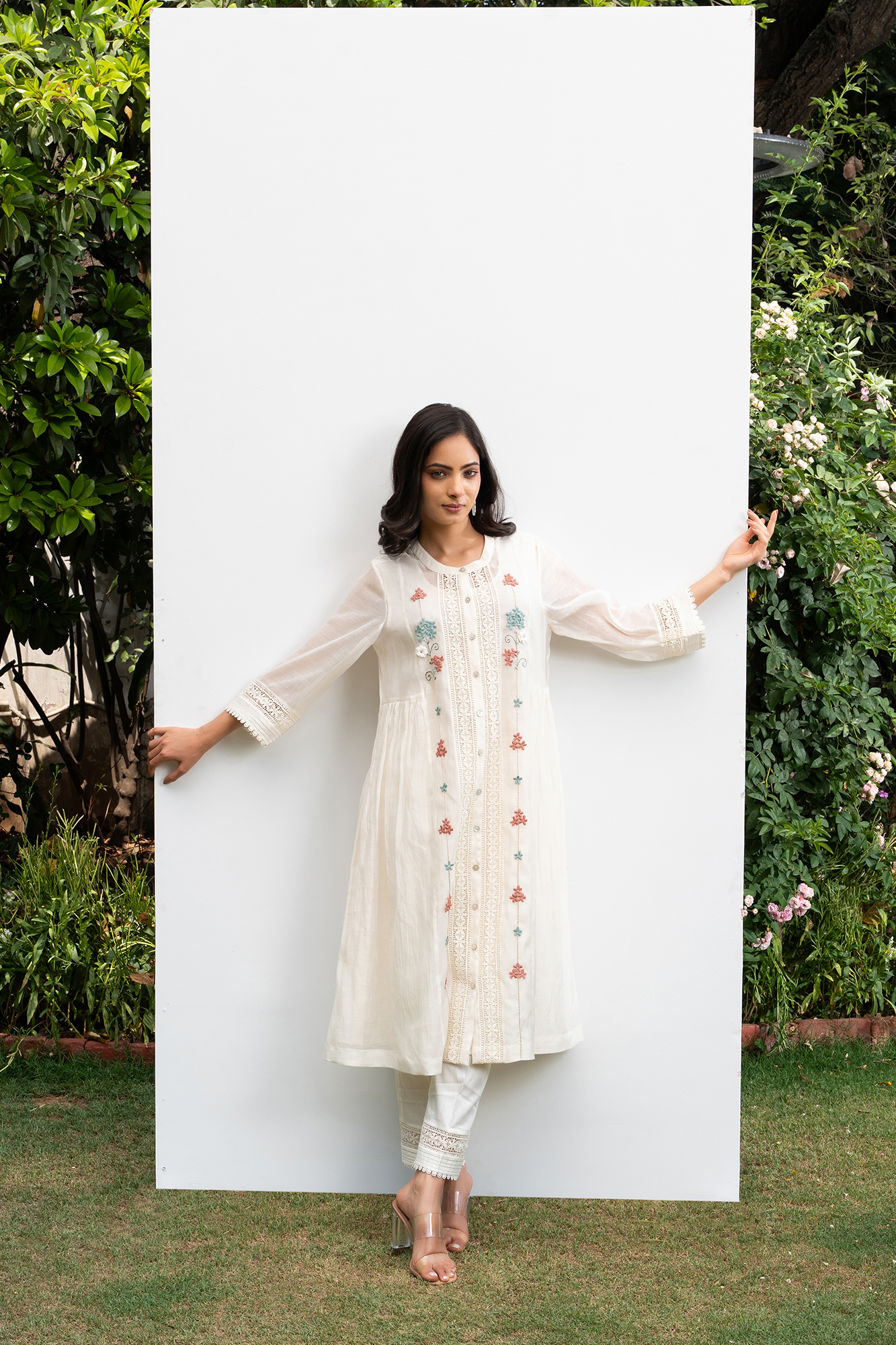 Off White Button Down Side Gathered Chanderi Kurta Set