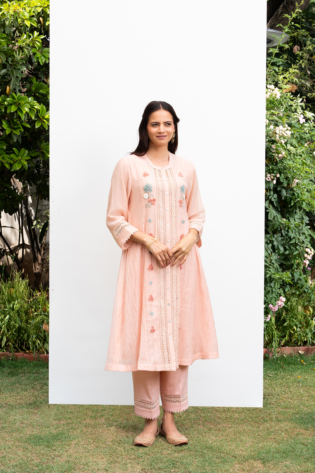 Peach Button Down Side Gathered Chanderi Kurta Set