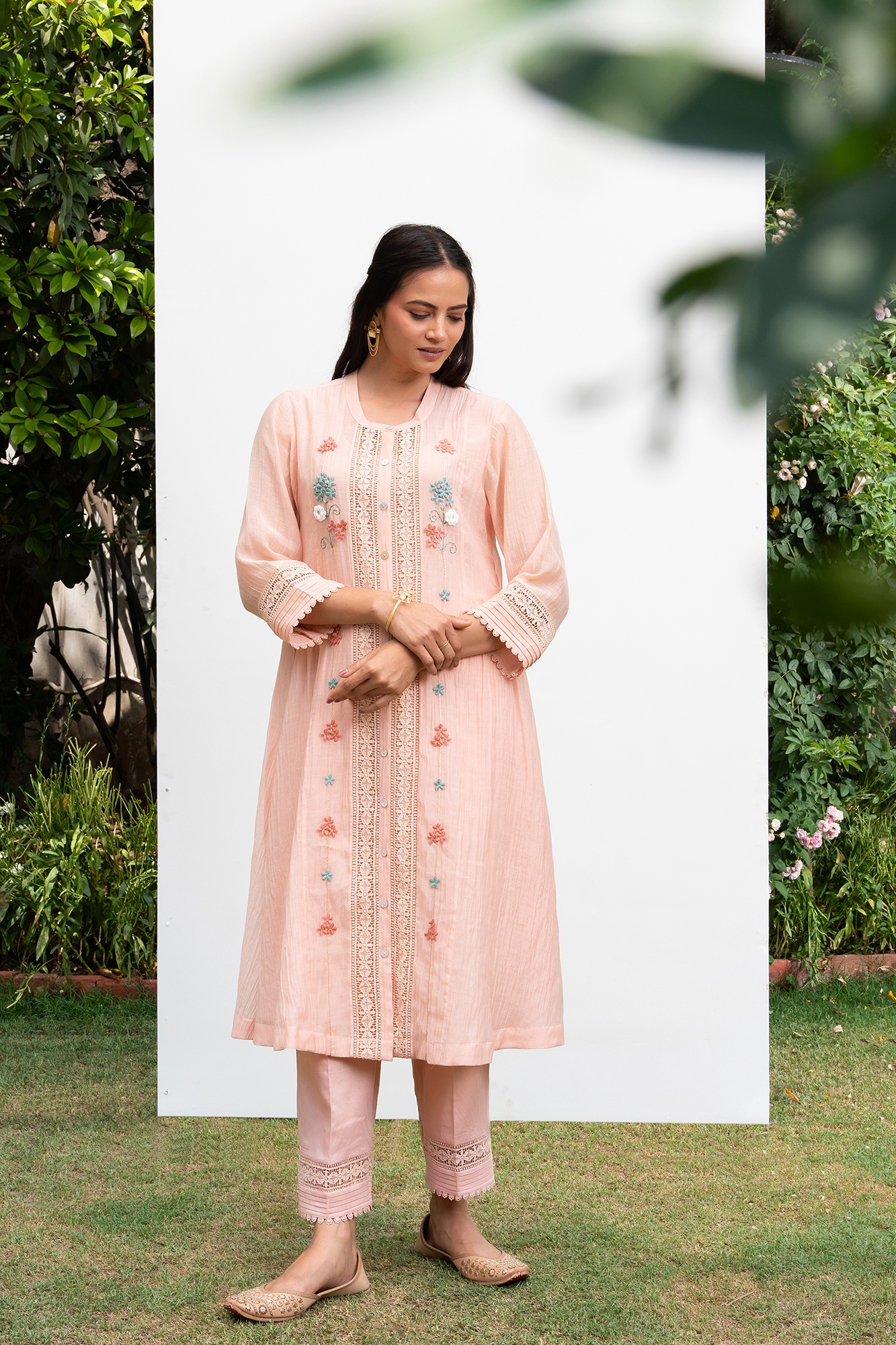 Peach Button Down Side Gathered Chanderi Kurta Set