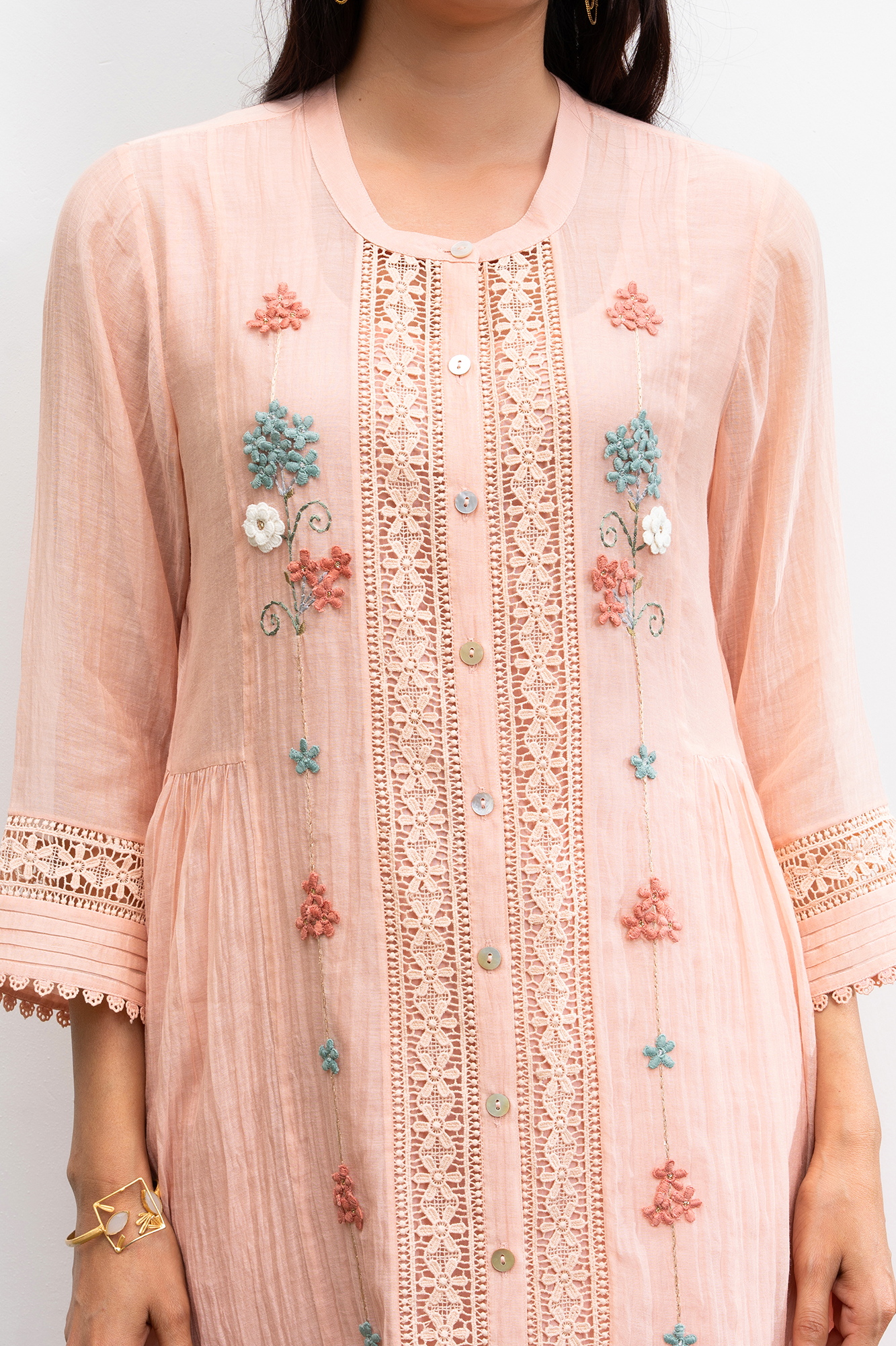 Peach Button Down Side Gathered Chanderi Kurta Set