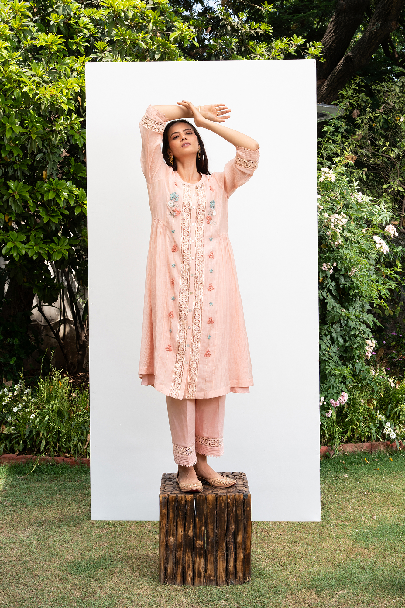 Peach Button Down Side Gathered Chanderi Kurta Set