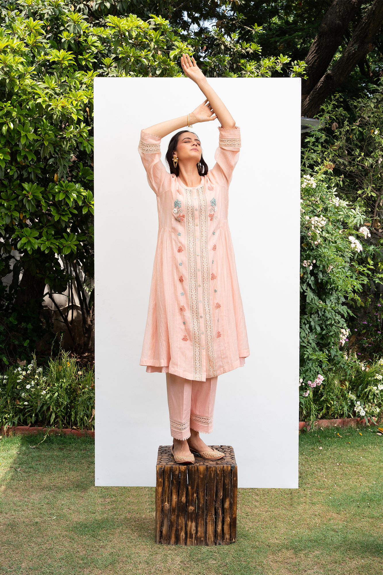 Peach Button Down Side Gathered Chanderi Kurta Set