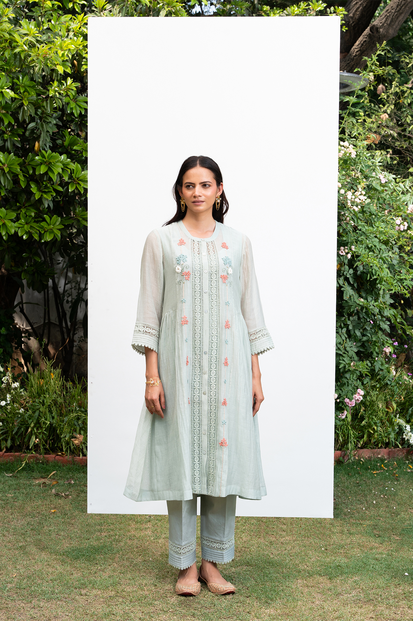 Sea Green Button Down Side Gathered Chanderi Kurta Set