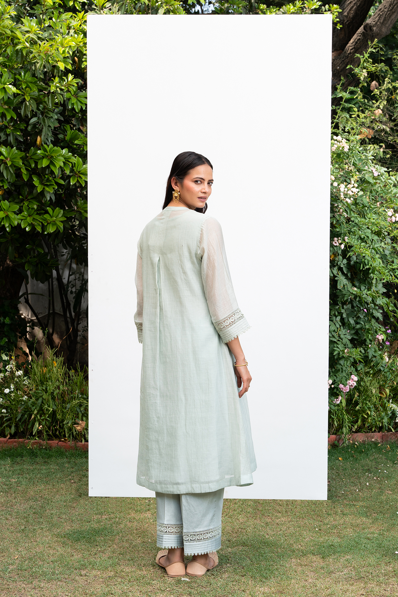 Sea Green Button Down Side Gathered Chanderi Kurta Set