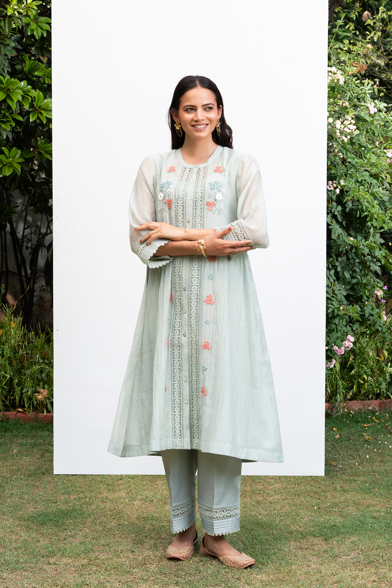 Sea Green Button Down Side Gathered Chanderi Kurta Set