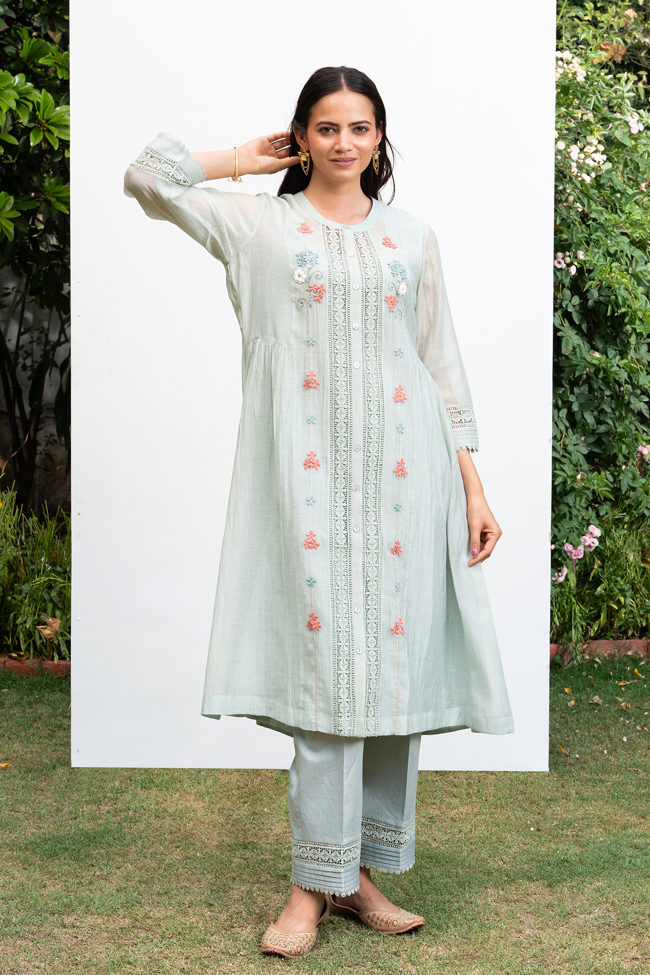 Sea Green Button Down Side Gathered Chanderi Kurta Set