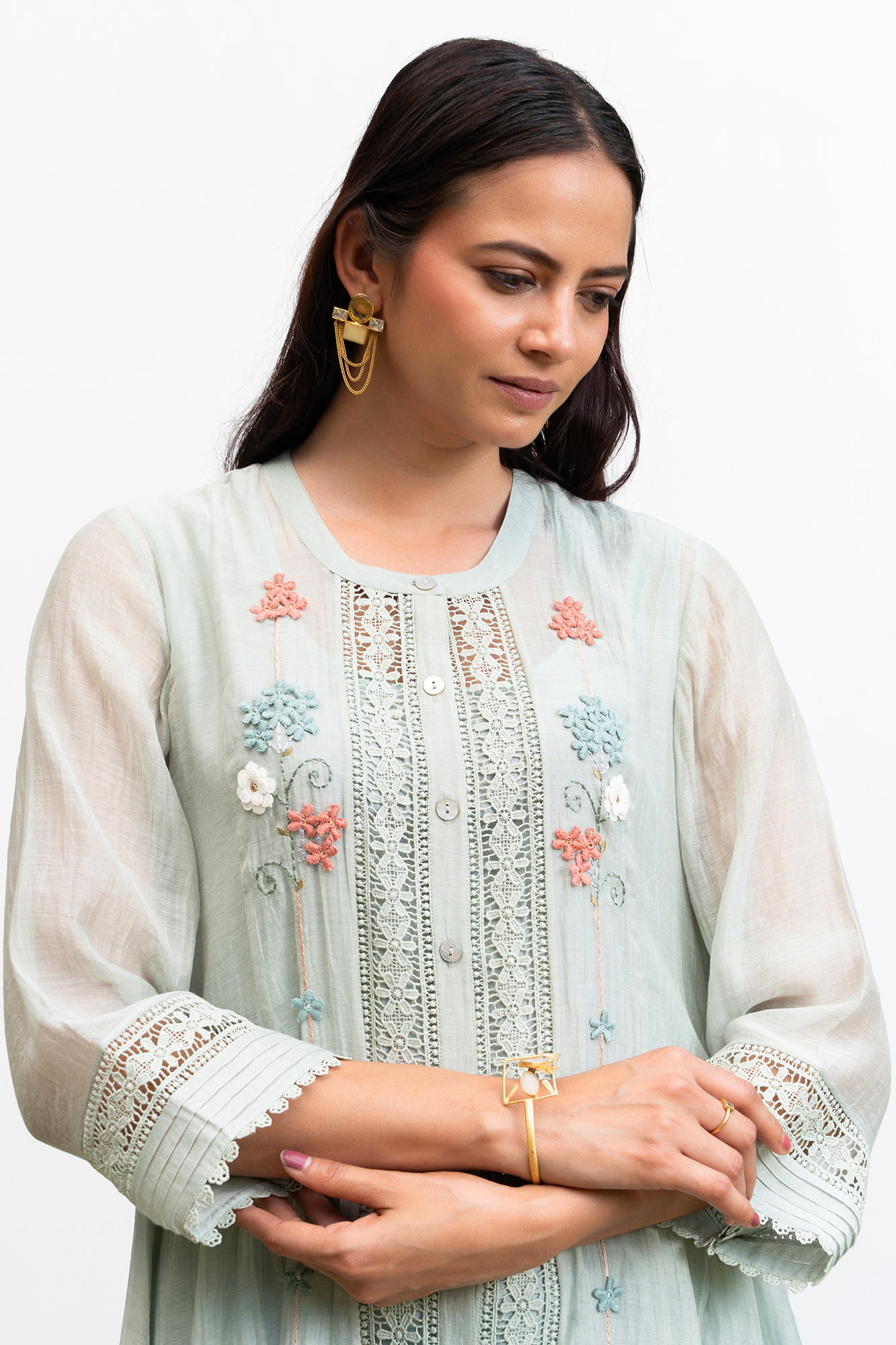 Sea Green Button Down Side Gathered Chanderi Kurta Set