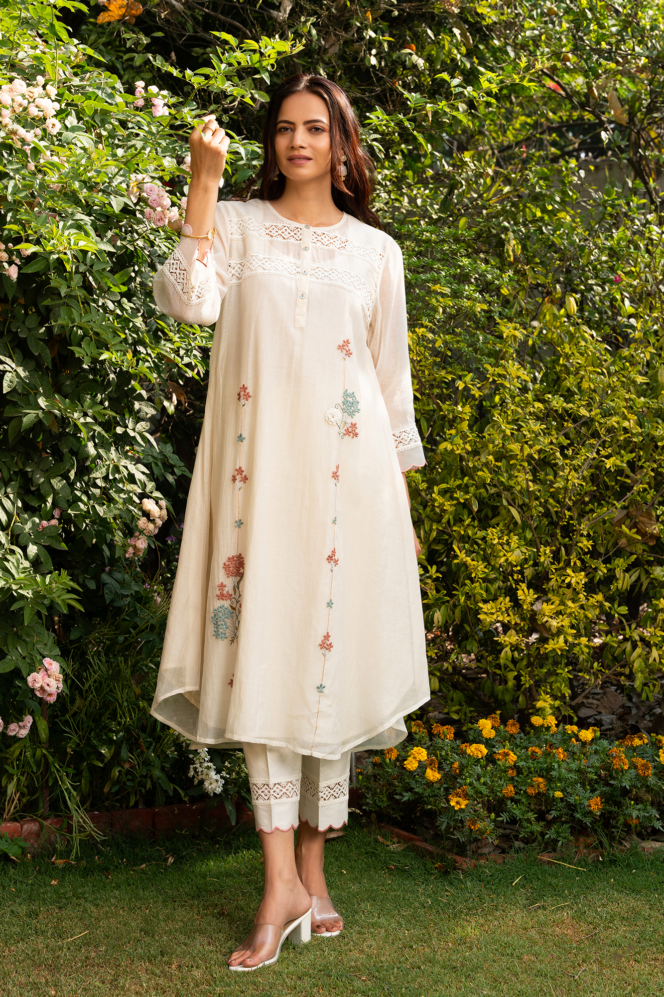 Off-White A line chanderi Kurta Set