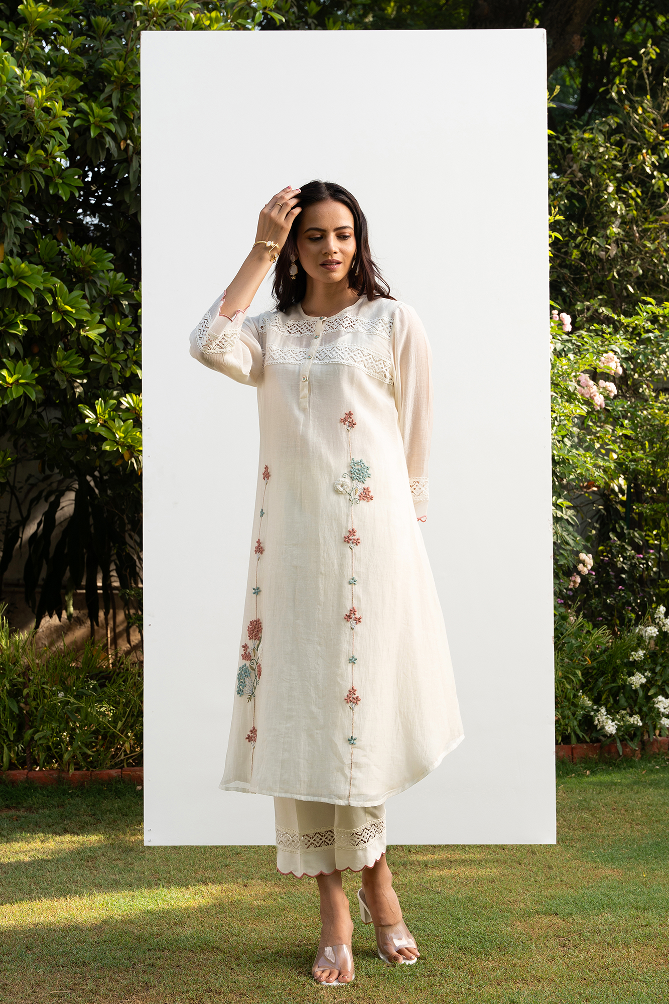 Off-White A line chanderi Kurta Set