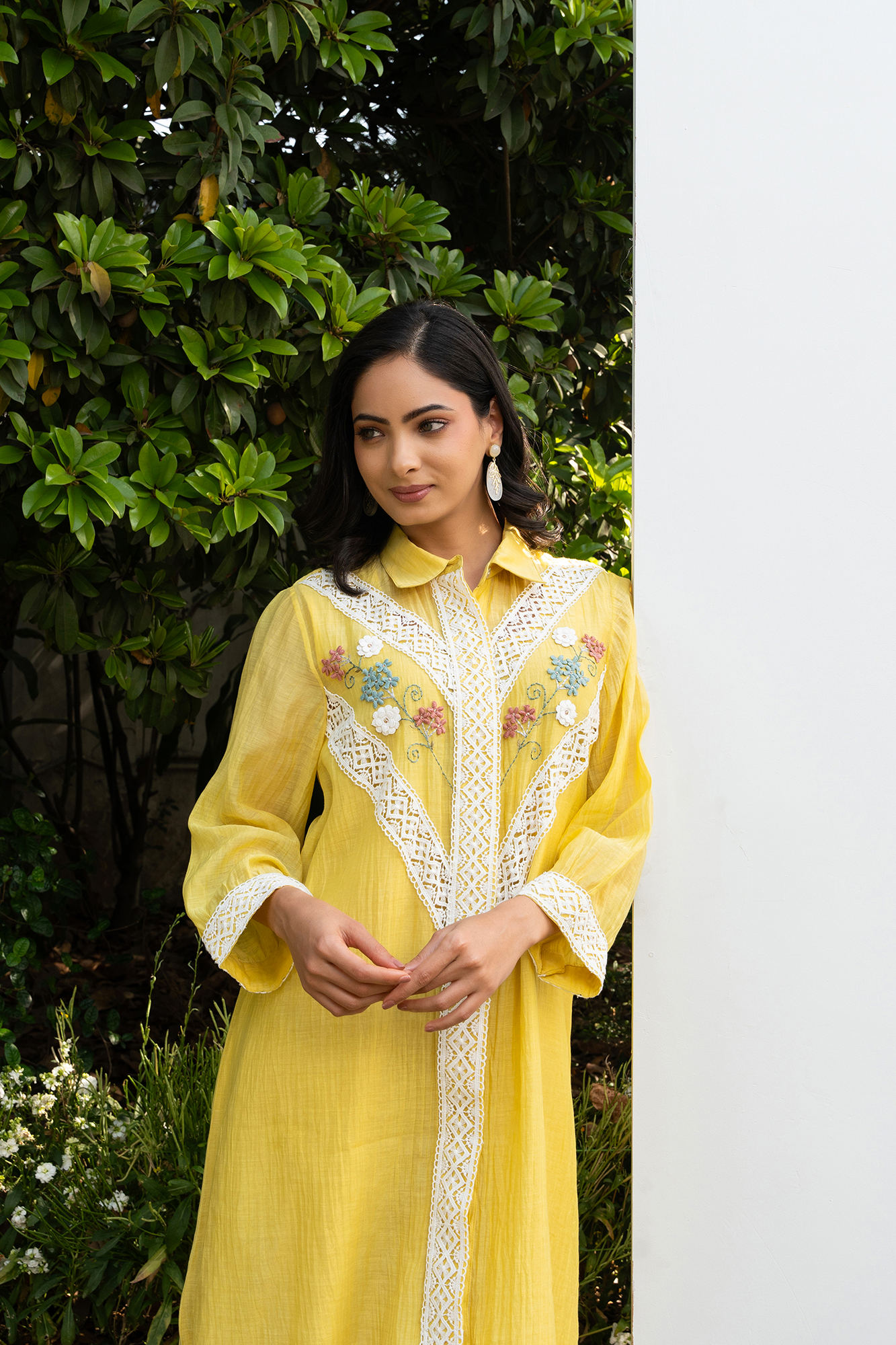 Lemon Yellow Chanderi Collared Kurta Set