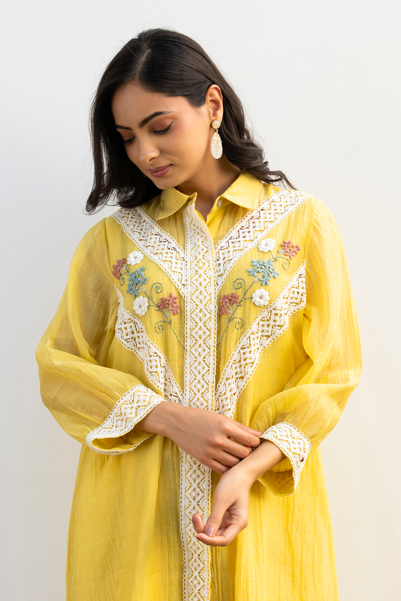 Lemon Yellow Chanderi Collared Kurta Set