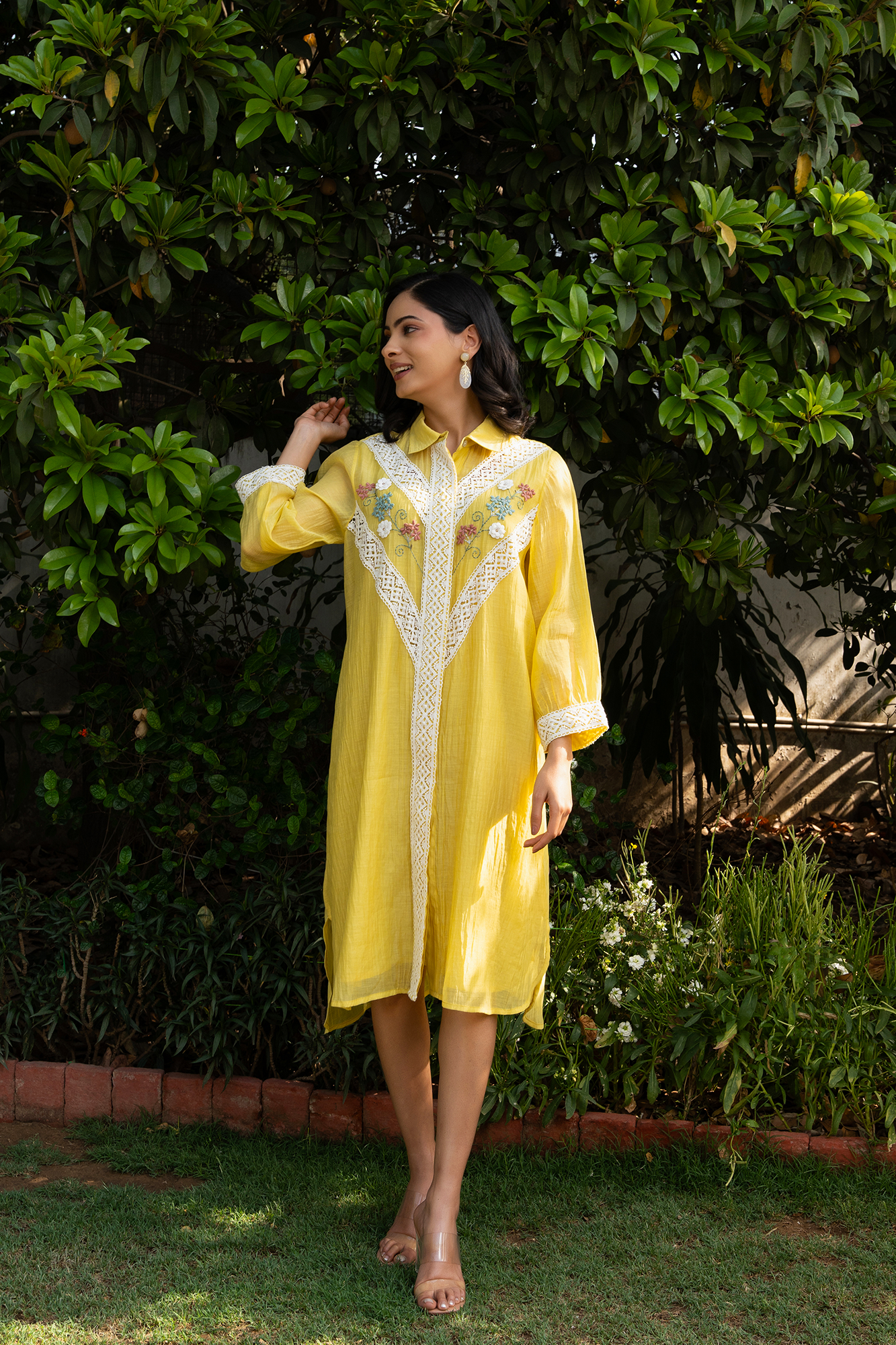 Lemon Yellow Chanderi Collared Kurta Set