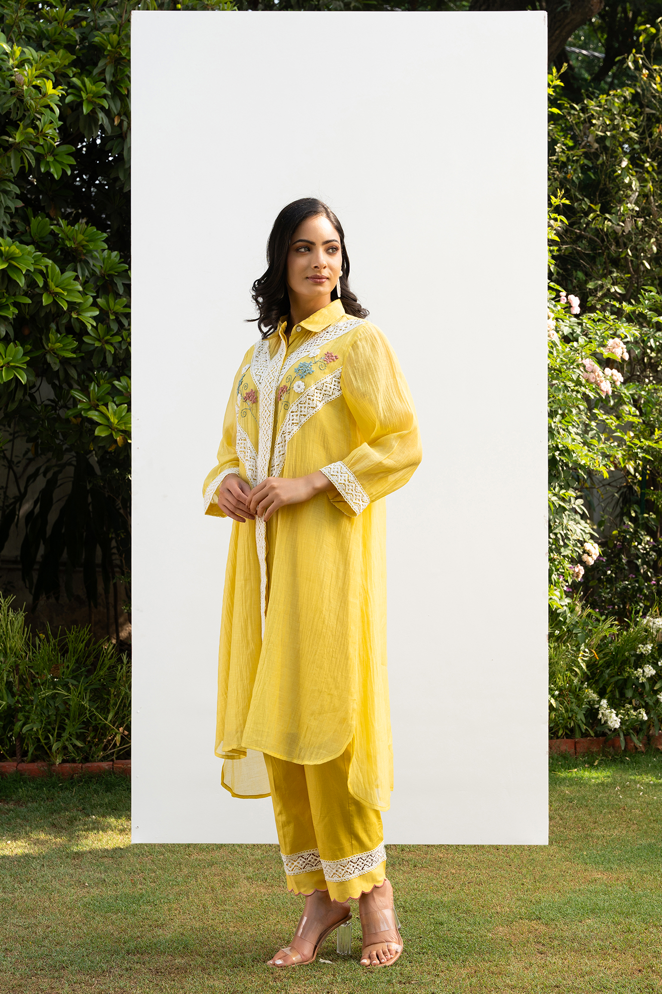 Lemon Yellow Chanderi Collared Kurta Set