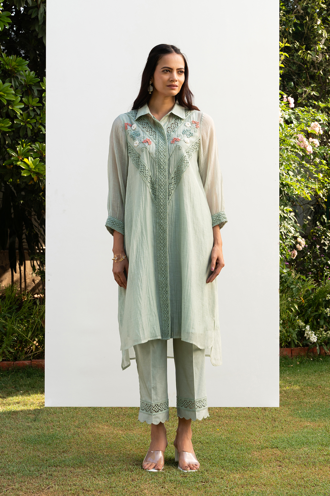 Sea Green Chanderi Collared Kurta Set